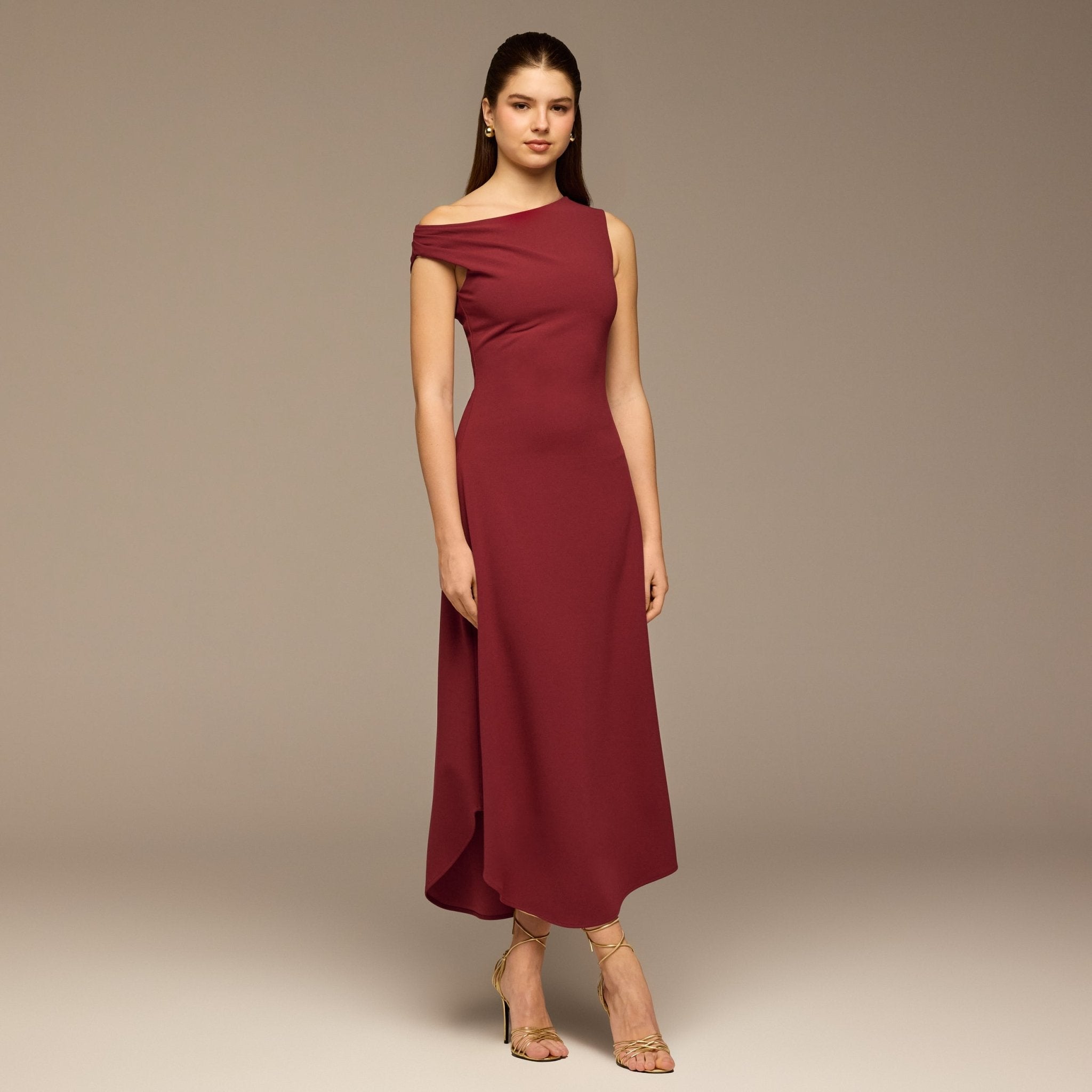 Burgundy Draped A - Line Crepe Midi Dress - shopaleena