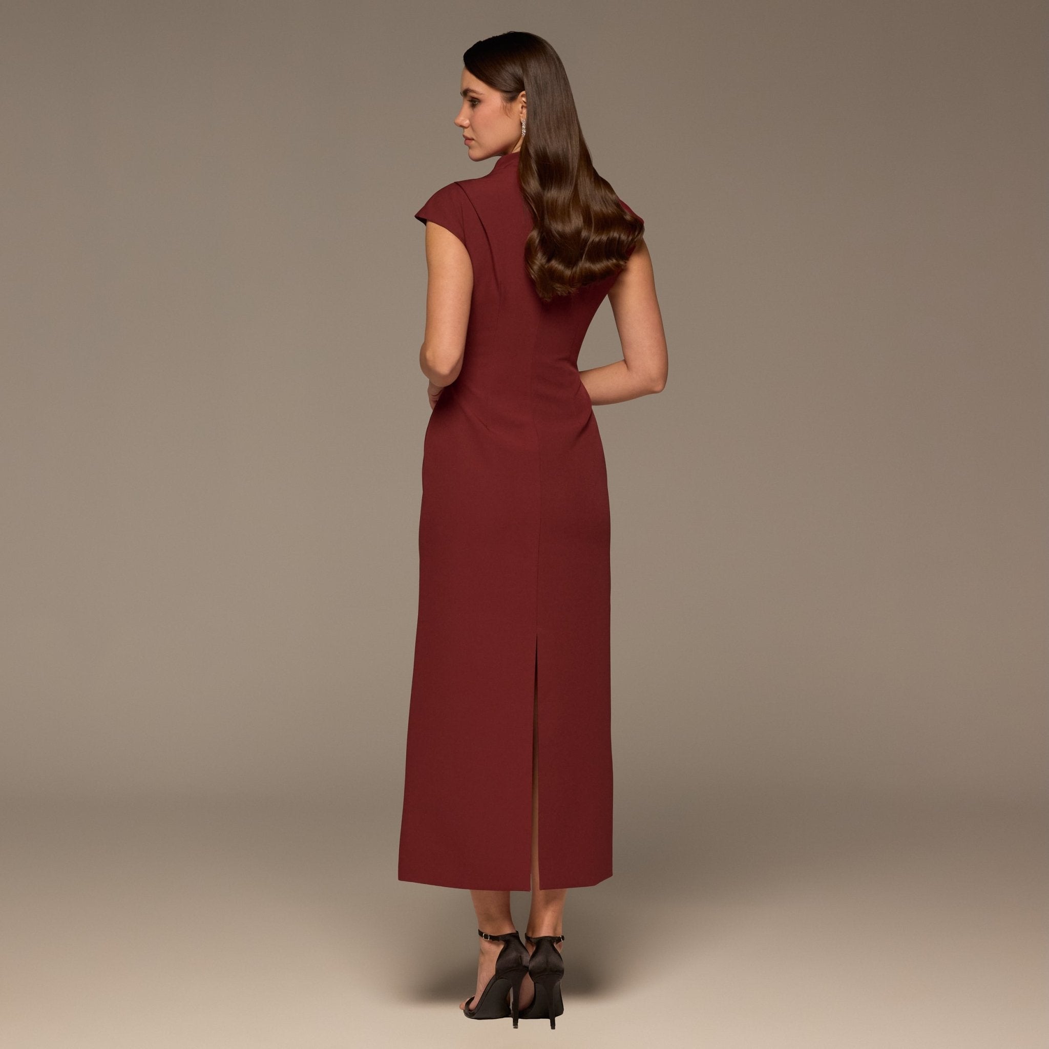 Burgundy Draped Shoulder Short Sleeve Midi Dress - shopaleena