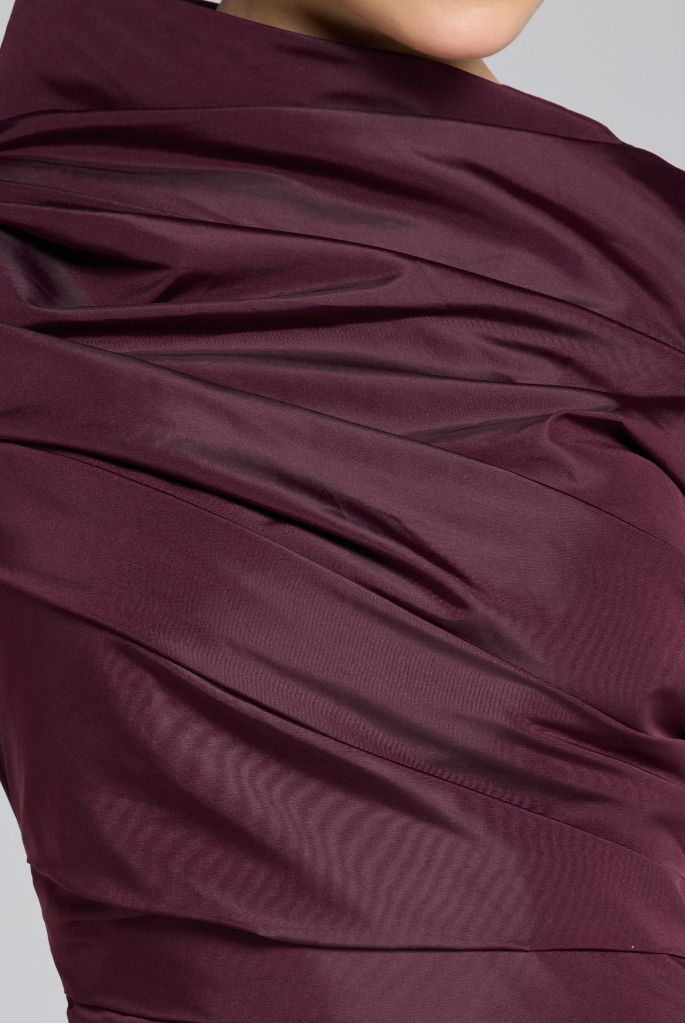 Burgundy Draped Taffeta Fishtail Gown - shopaleena