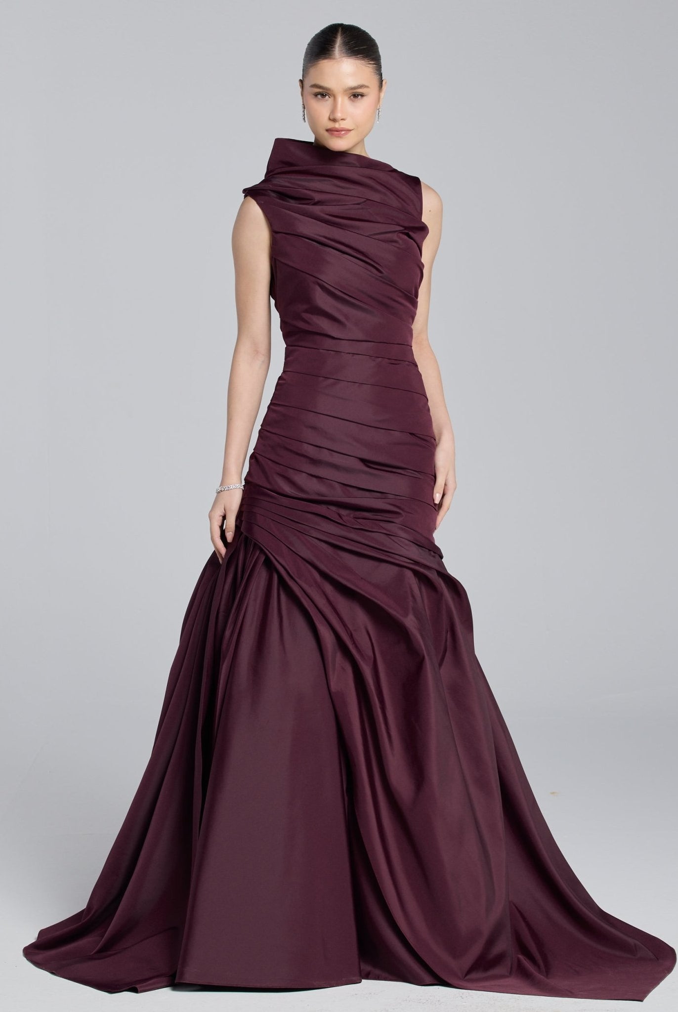 Burgundy Draped Taffeta Fishtail Gown - shopaleena