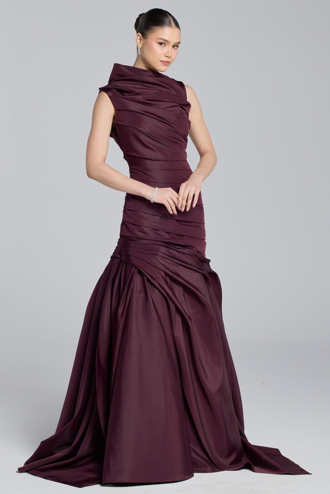 Burgundy Draped Taffeta Fishtail Gown - shopaleena