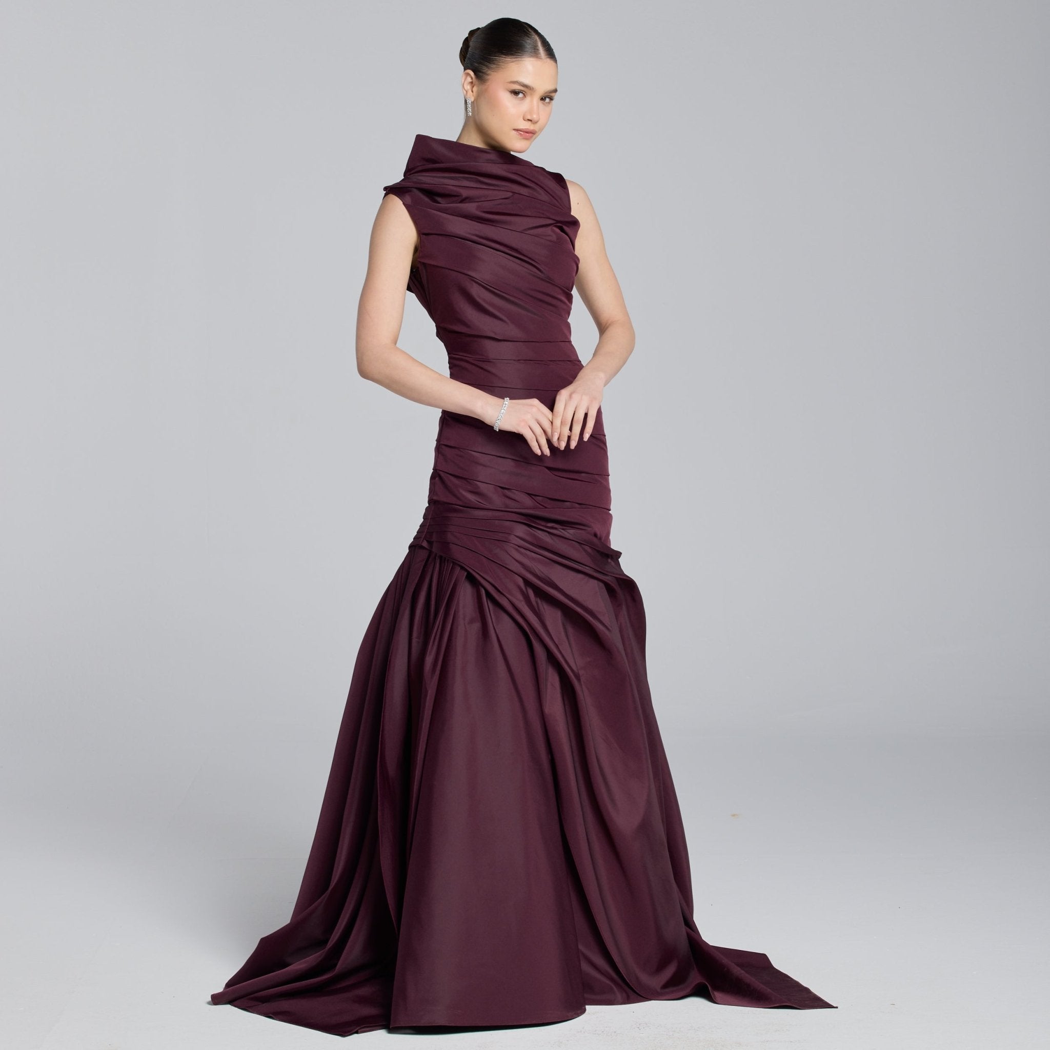 Burgundy Draped Taffeta Fishtail Gown - shopaleena