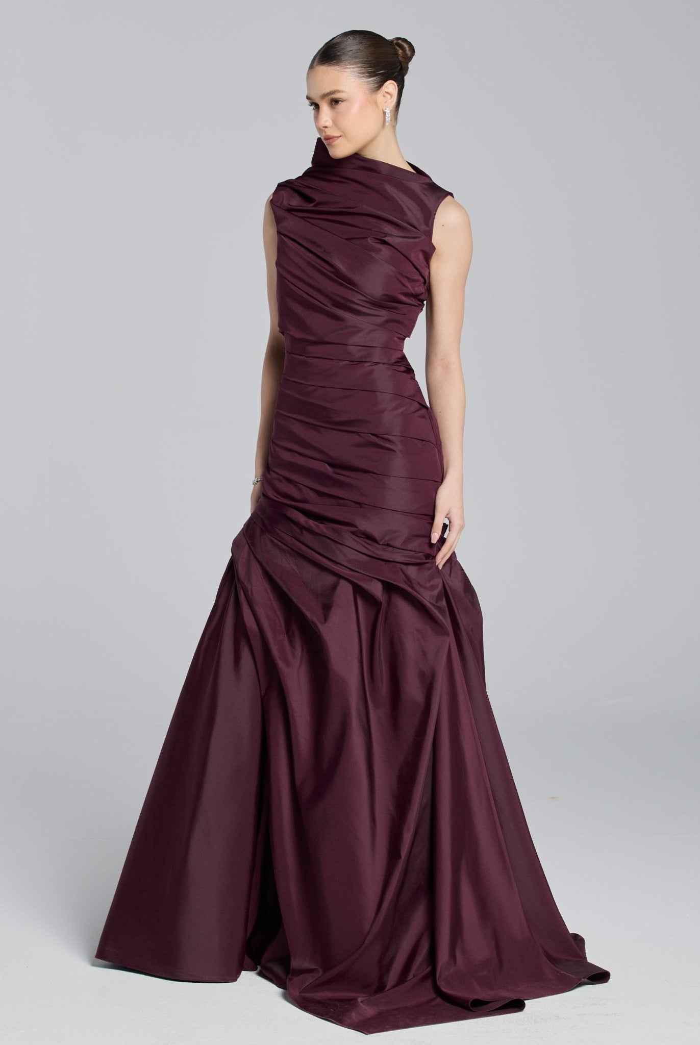 Burgundy Draped Taffeta Fishtail Gown - shopaleena