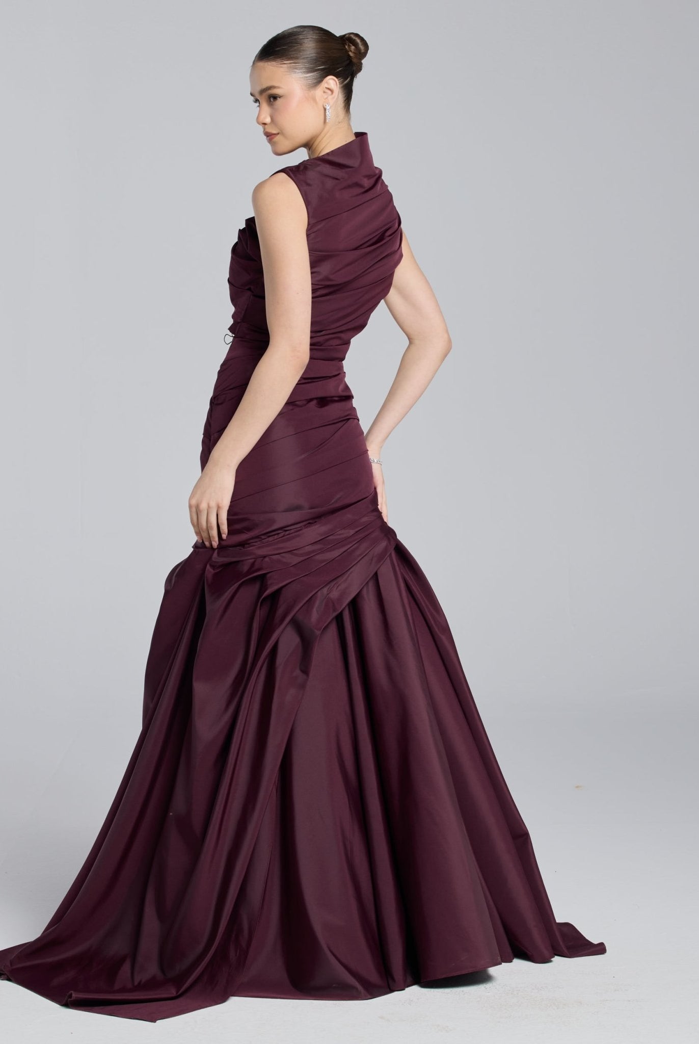 Burgundy Draped Taffeta Fishtail Gown - shopaleena