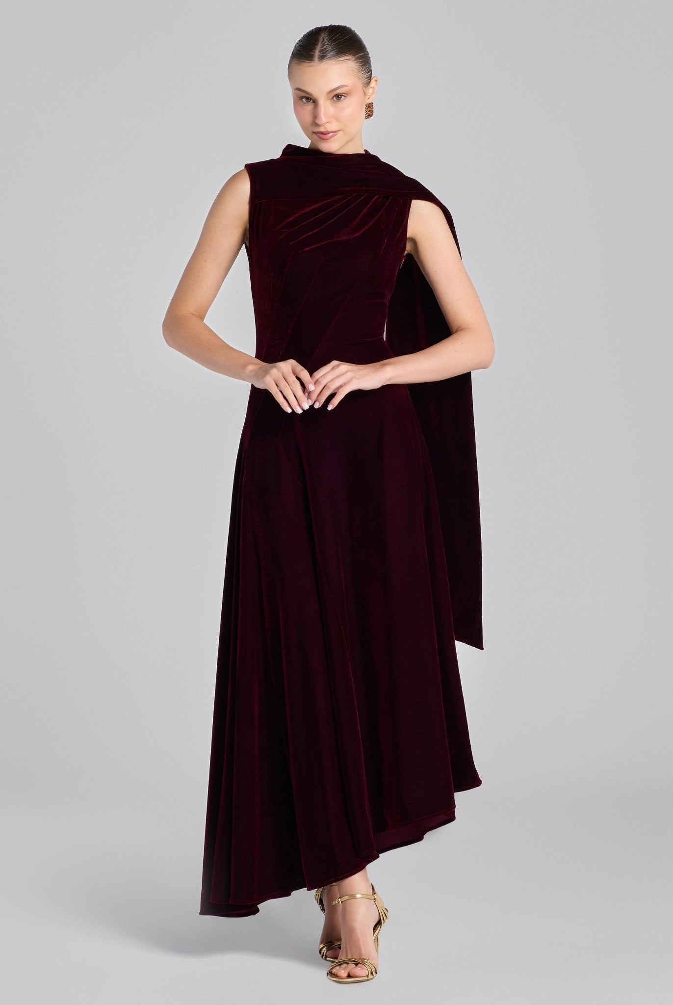 Burgundy Draped Velvet Midi Dress with Back Scarf - shopaleena