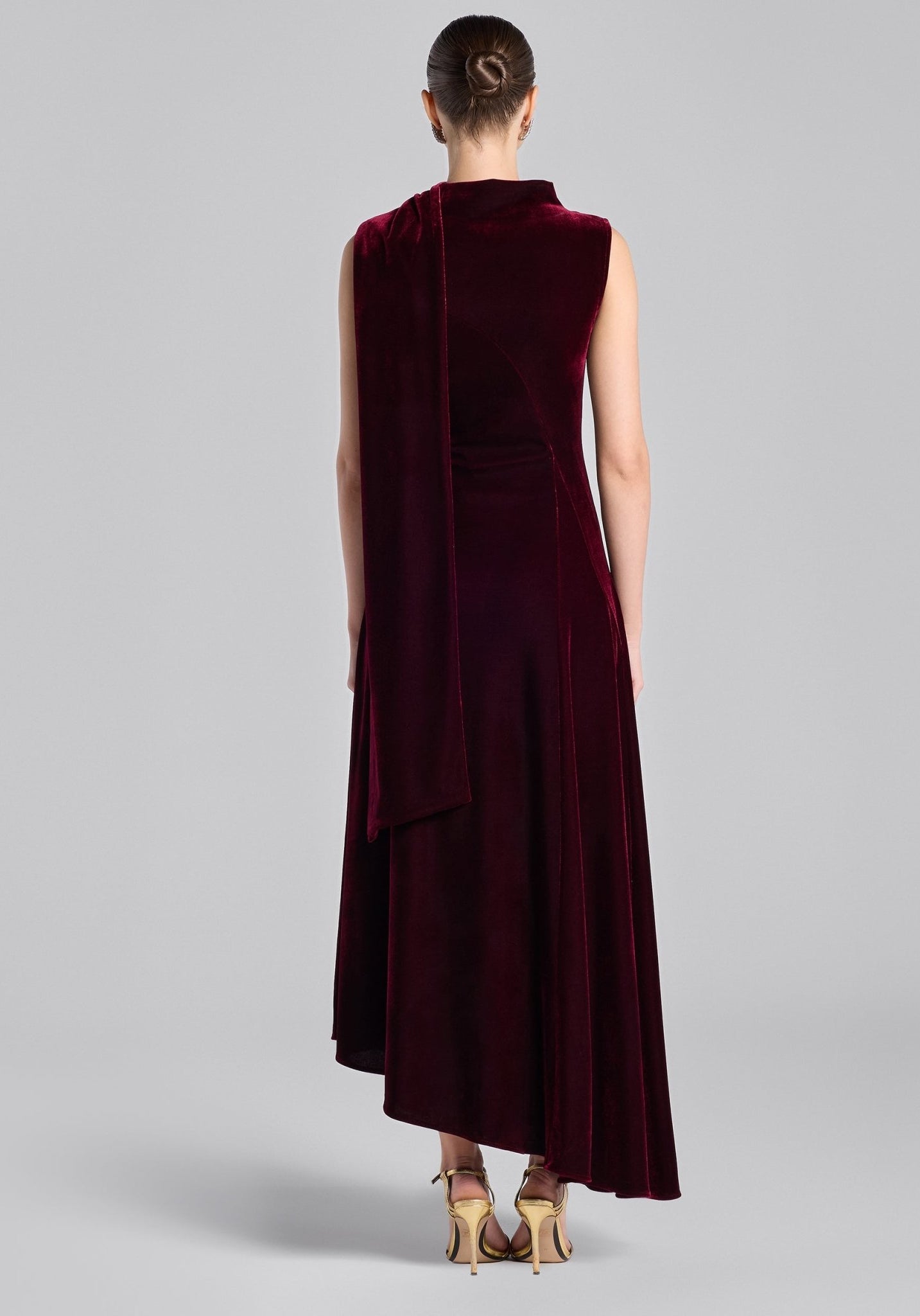 Burgundy Draped Velvet Midi Dress with Back Scarf - shopaleena