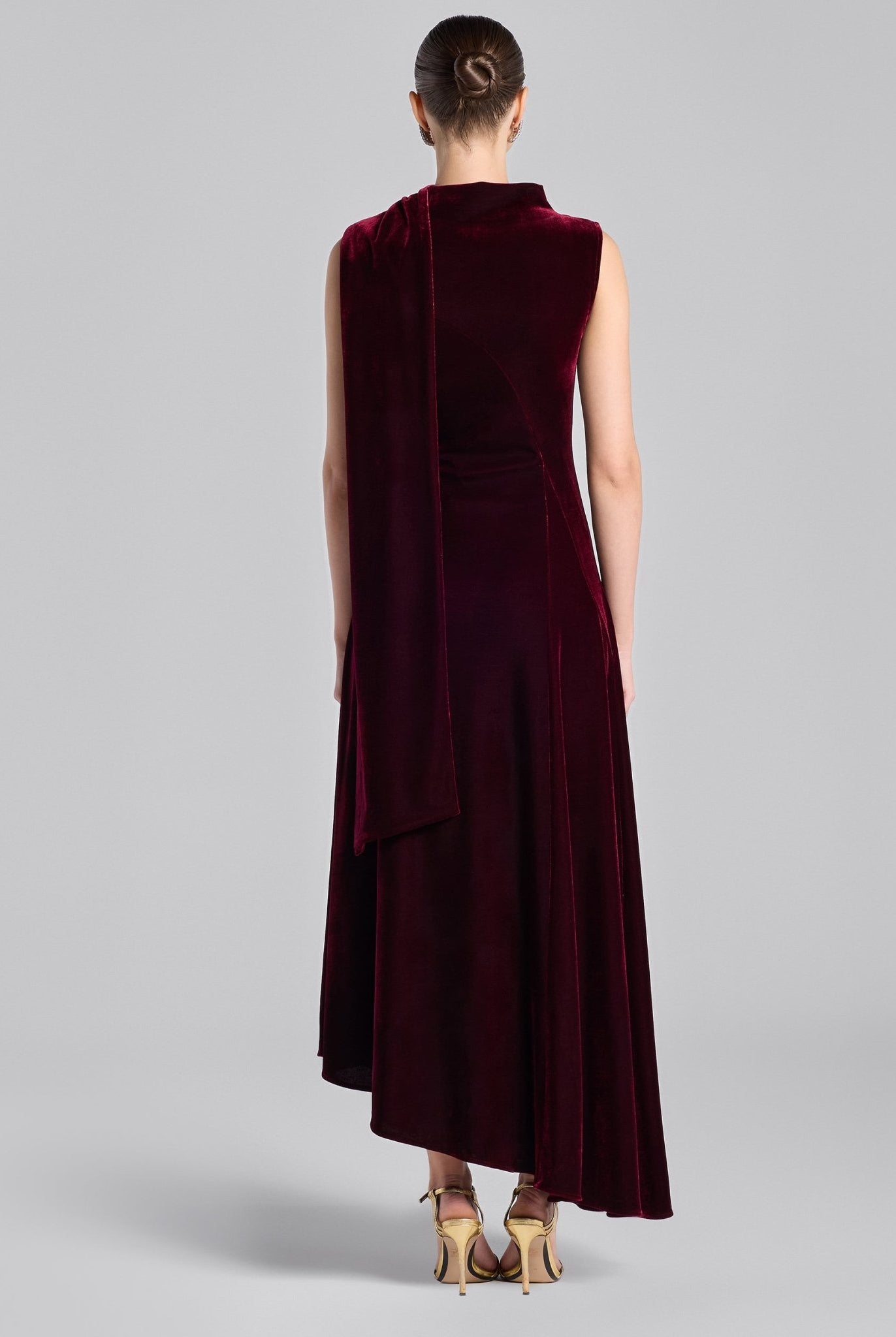 Burgundy Draped Velvet Midi Dress with Back Scarf - shopaleena