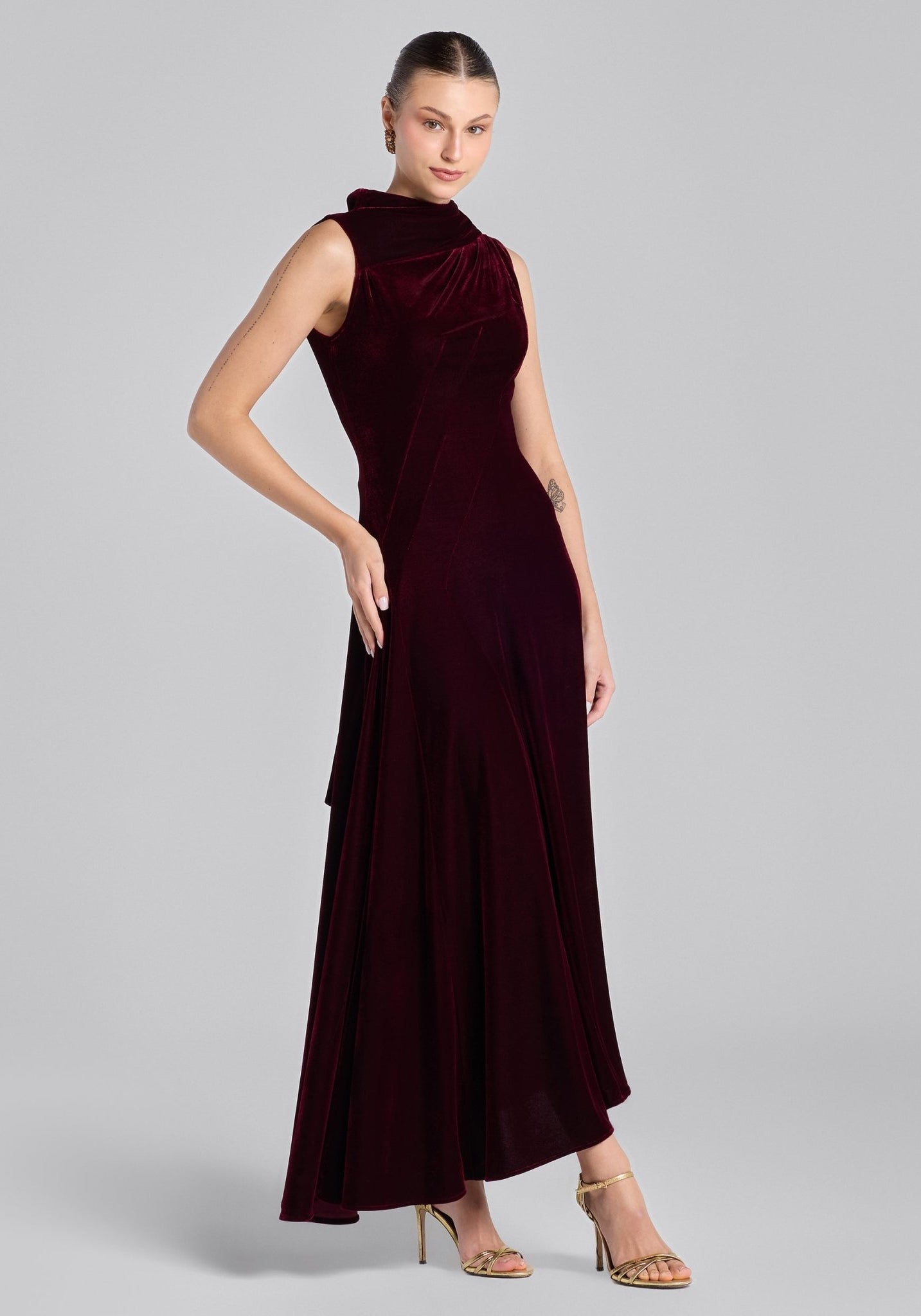 Burgundy Draped Velvet Midi Dress with Back Scarf - shopaleena
