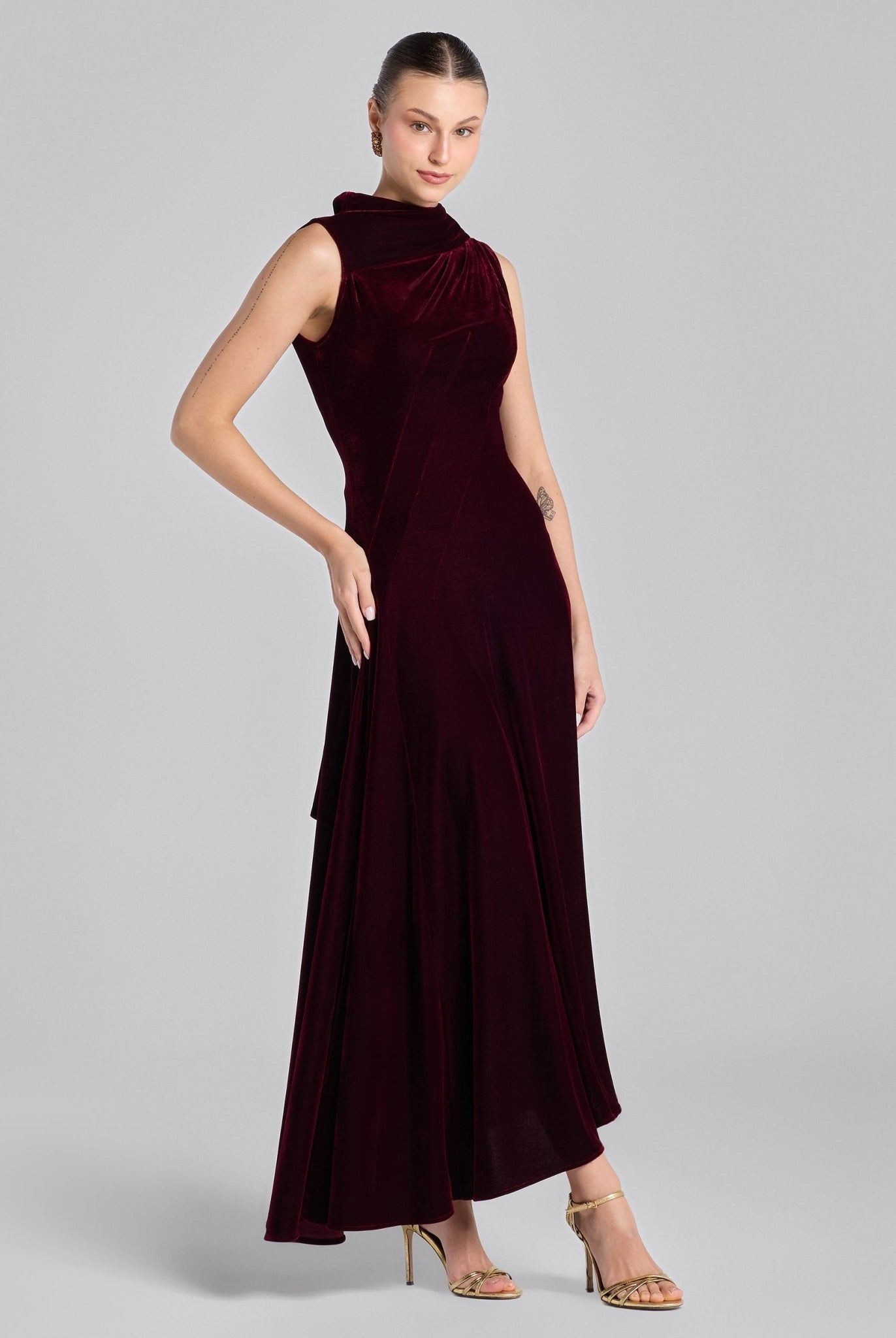 Burgundy Draped Velvet Midi Dress with Back Scarf - shopaleena