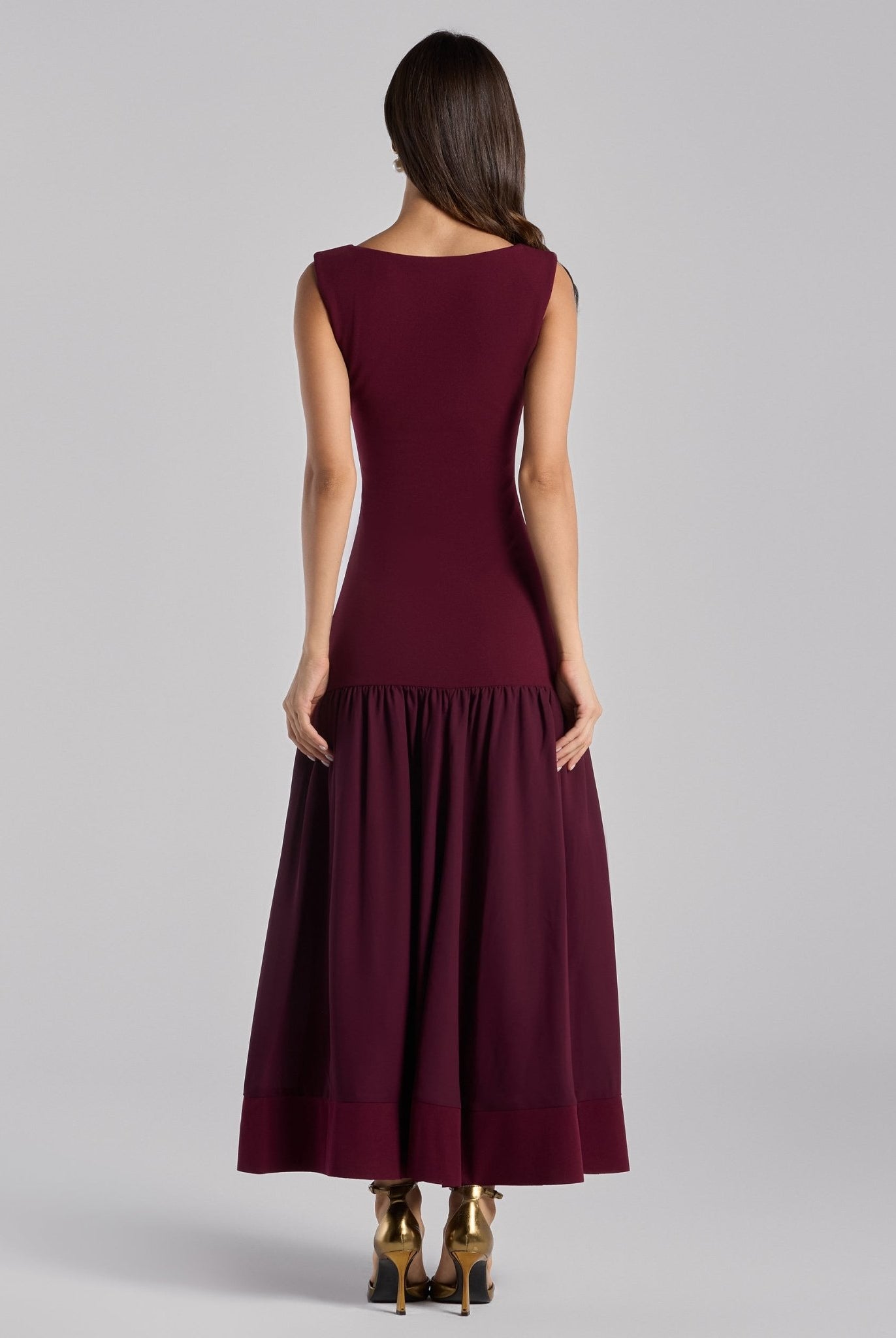 Burgundy Drop - Waist Midi Dress in Crepe and Chiffon - shopaleena