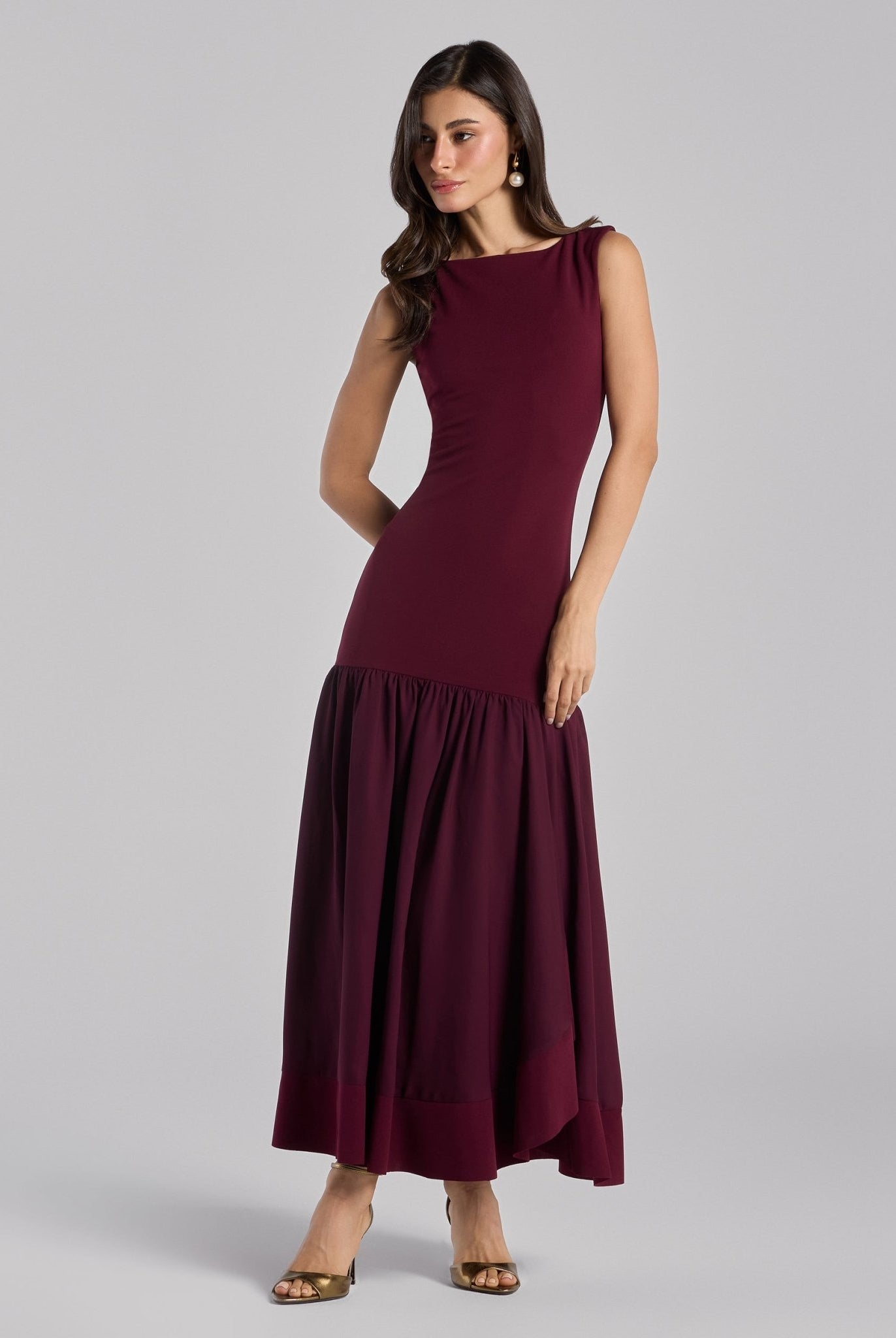 Burgundy Drop - Waist Midi Dress in Crepe and Chiffon - shopaleena