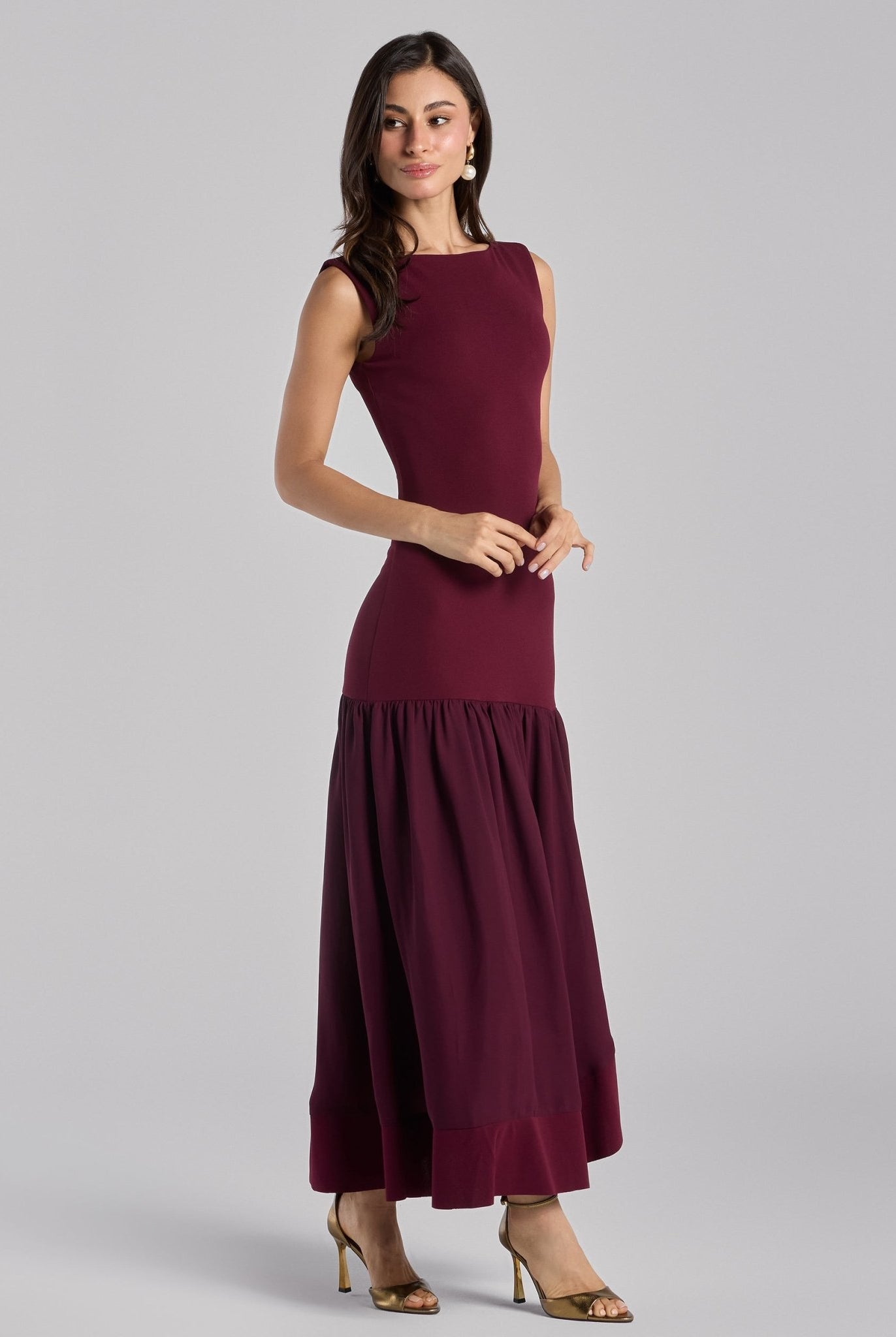 Burgundy Drop - Waist Midi Dress in Crepe and Chiffon - shopaleena