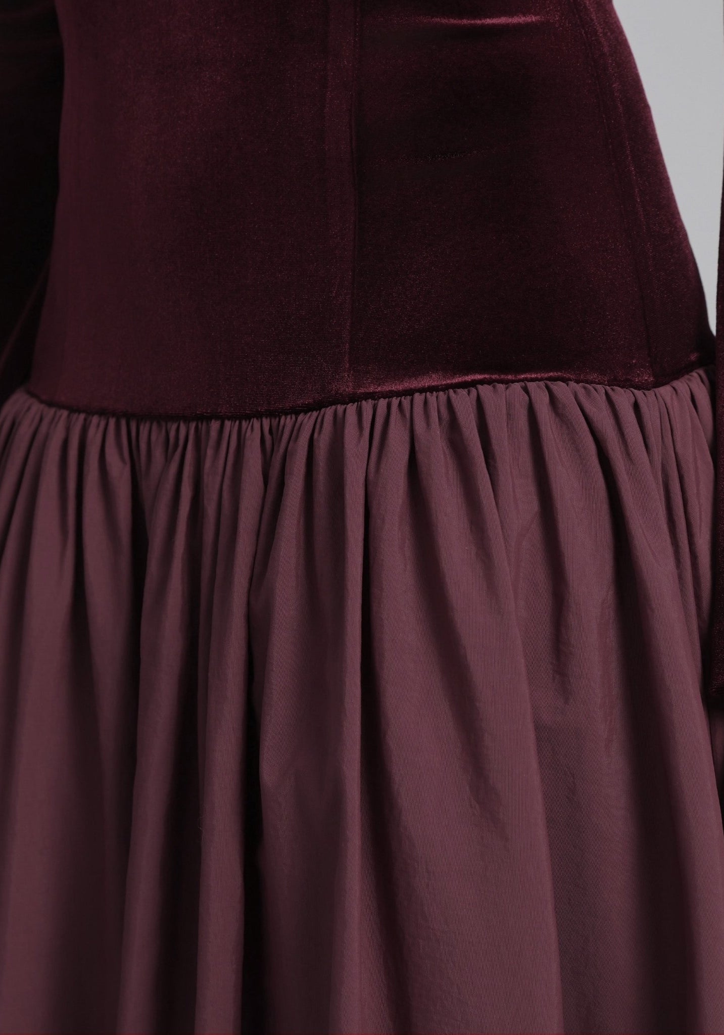 Burgundy Dropped Shoulder A - line Velvet - Taffeta Dress - shopaleena