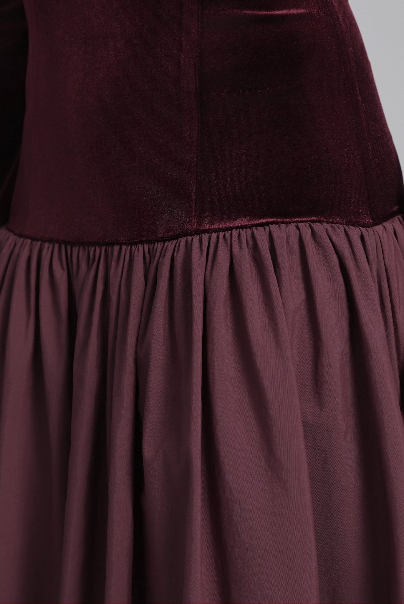 Burgundy Dropped Shoulder A - line Velvet - Taffeta Dress - shopaleena