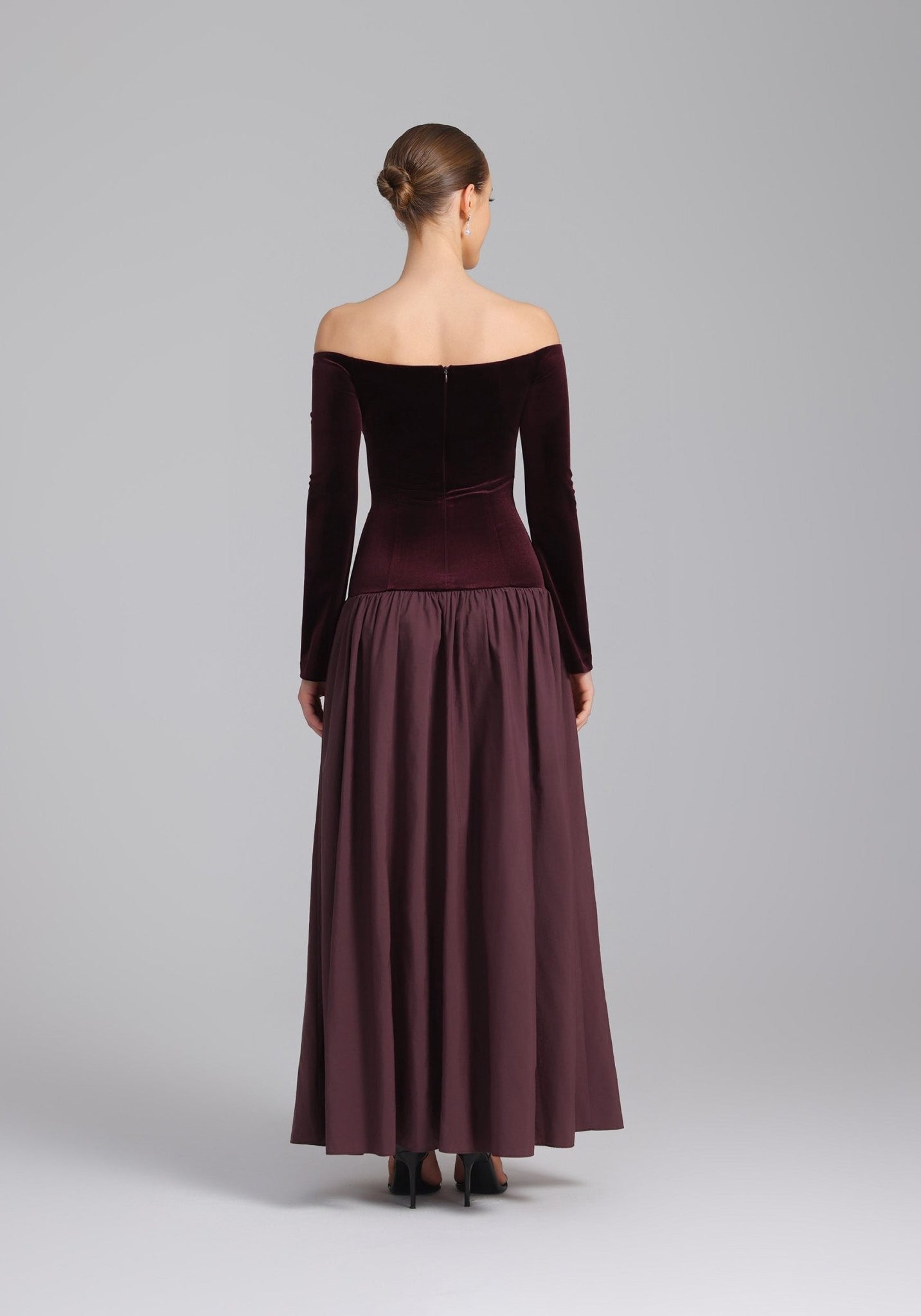 Burgundy Dropped Shoulder A - line Velvet - Taffeta Dress - shopaleena