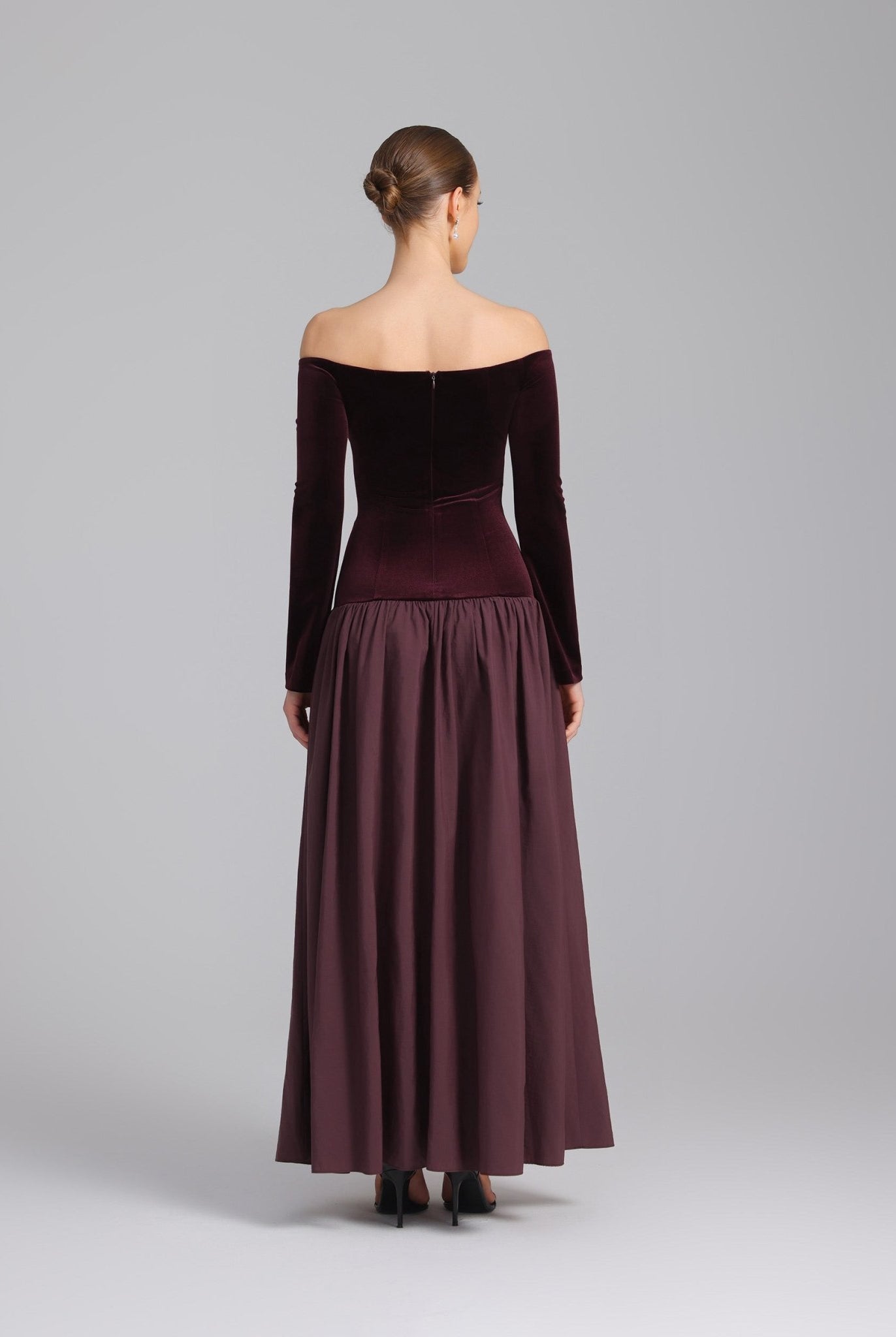 Burgundy Dropped Shoulder A - line Velvet - Taffeta Dress - shopaleena