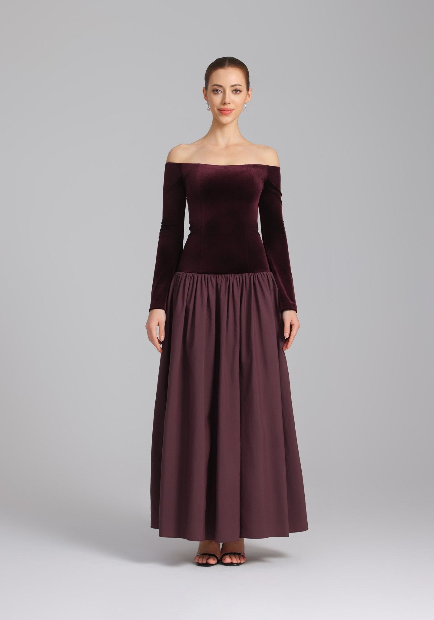Burgundy Dropped Shoulder A - line Velvet - Taffeta Dress - shopaleena
