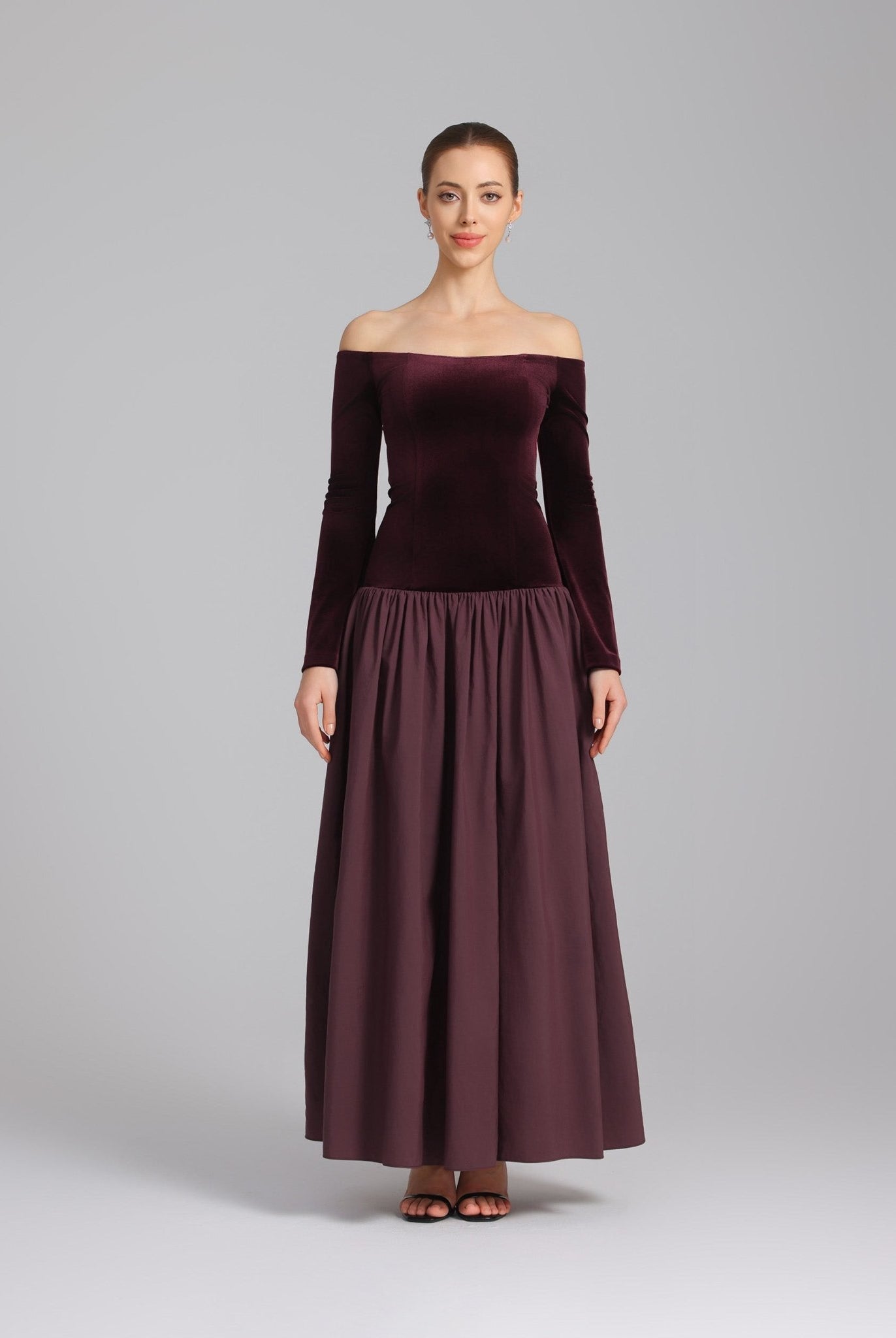 Burgundy Dropped Shoulder A - line Velvet - Taffeta Dress - shopaleena