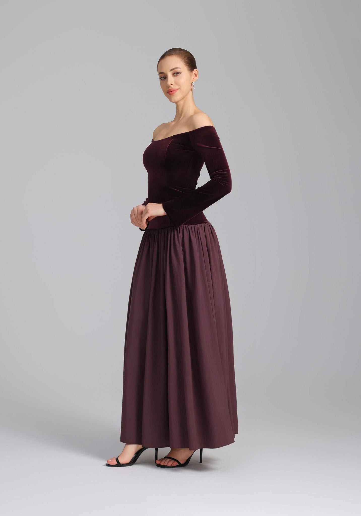 Burgundy Dropped Shoulder A - line Velvet - Taffeta Dress - shopaleena