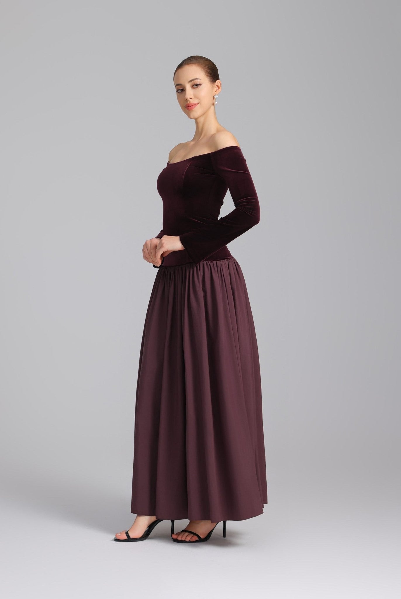 Burgundy Dropped Shoulder A - line Velvet - Taffeta Dress - shopaleena