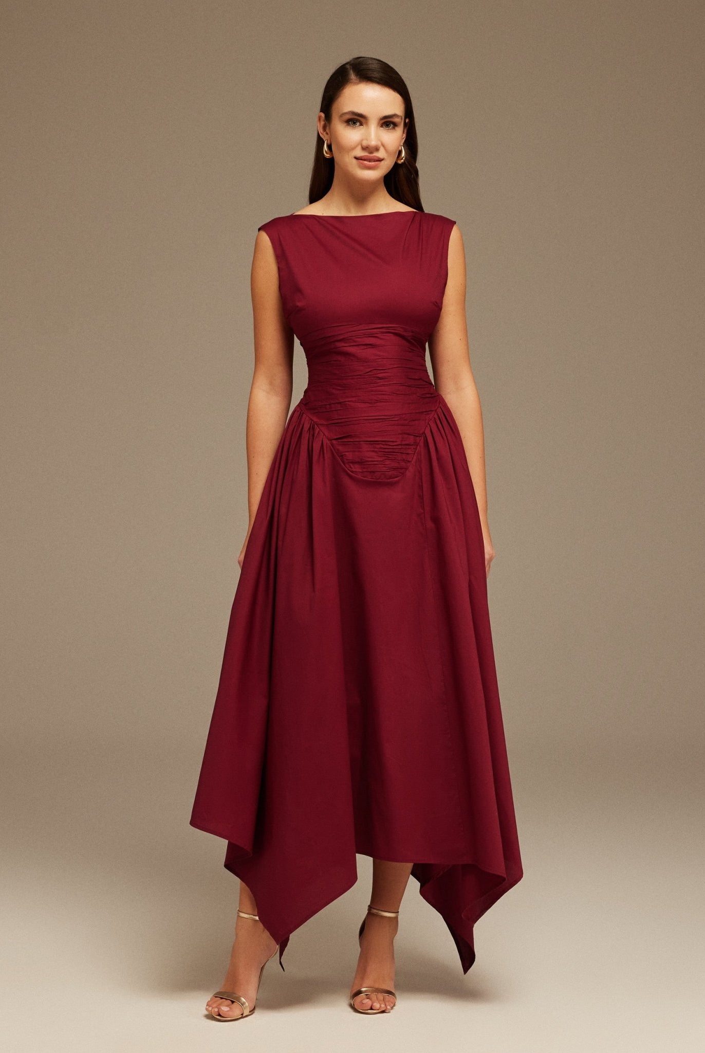 Burgundy Gathered Pleated Waist Midi Dress - shopaleena