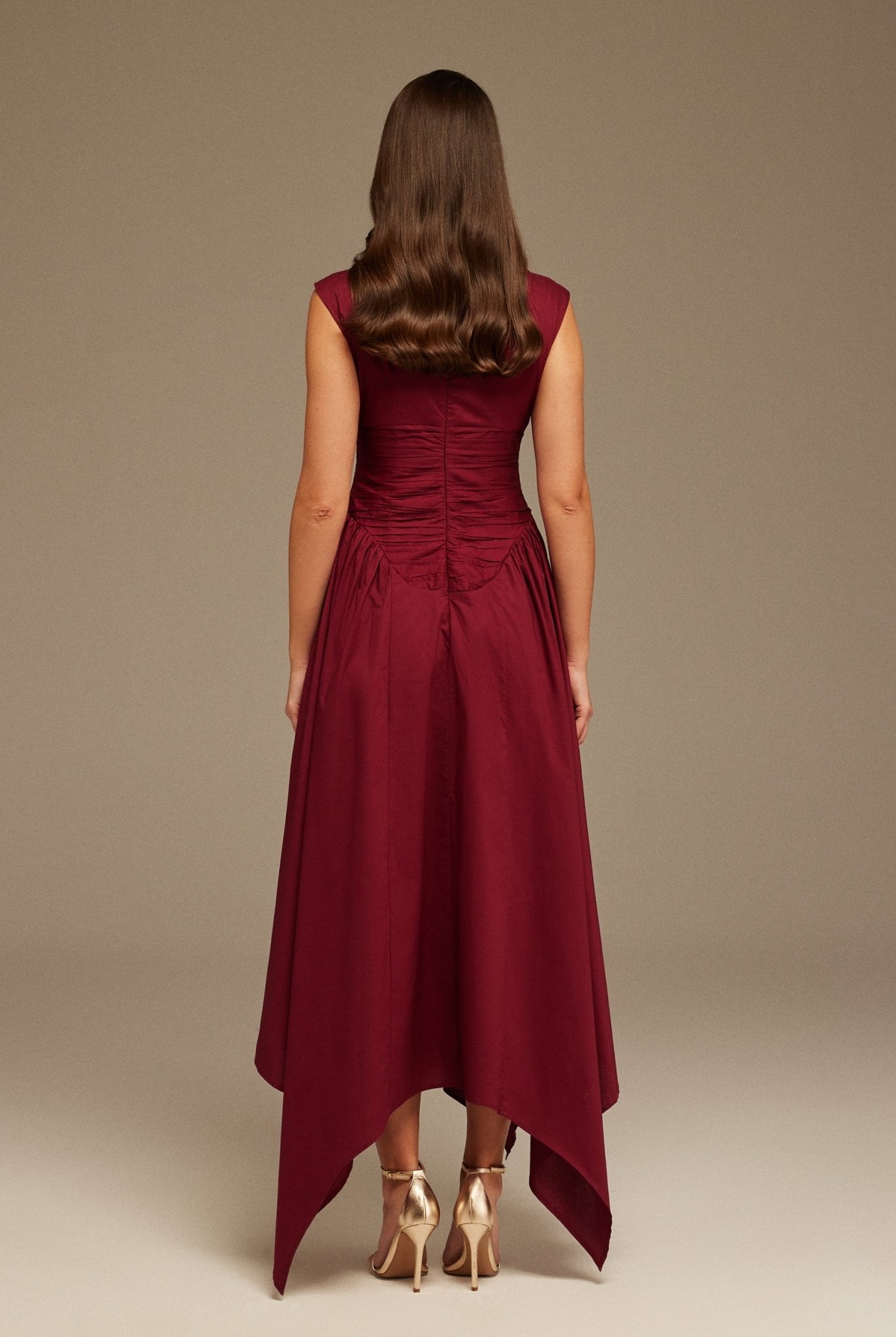 Burgundy Gathered Pleated Waist Midi Dress - shopaleena