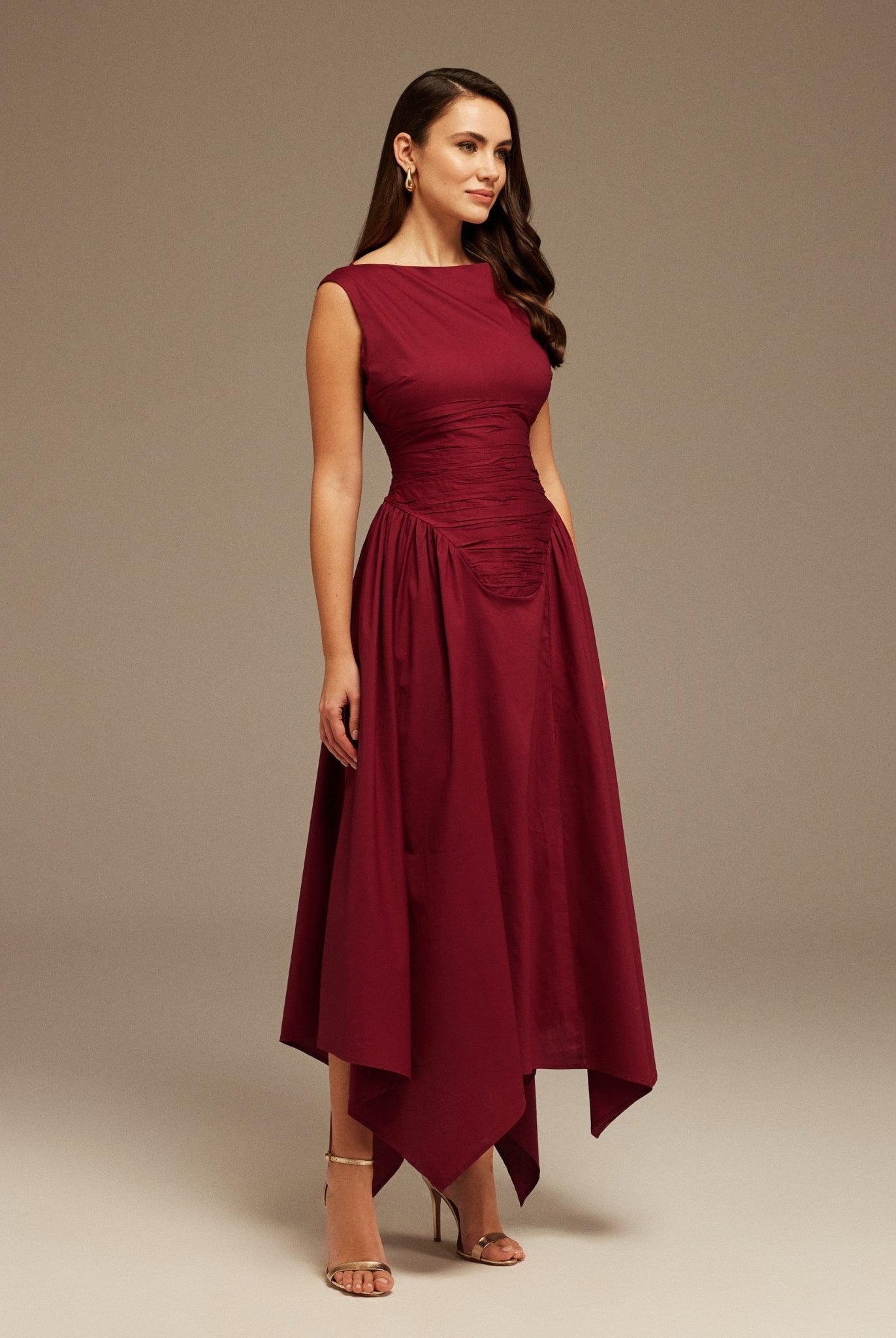 Burgundy Gathered Pleated Waist Midi Dress - shopaleena