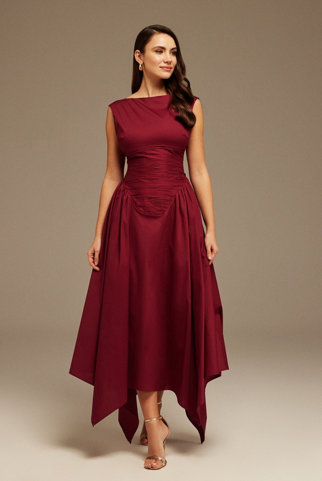 Burgundy Gathered Pleated Waist Midi Dress - shopaleena