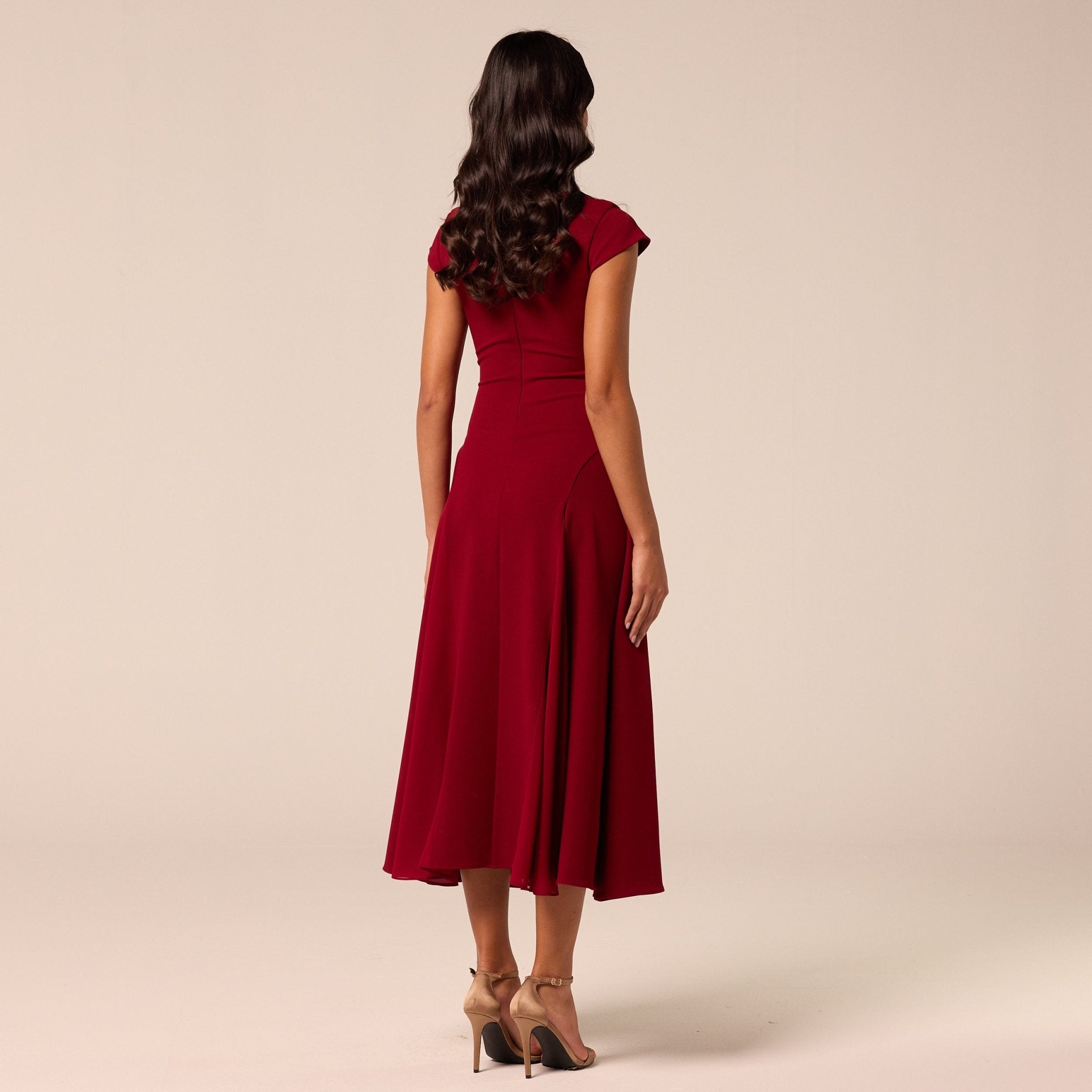 Burgundy High Neck Crepe Dress with Chiffon Godets - shopaleena