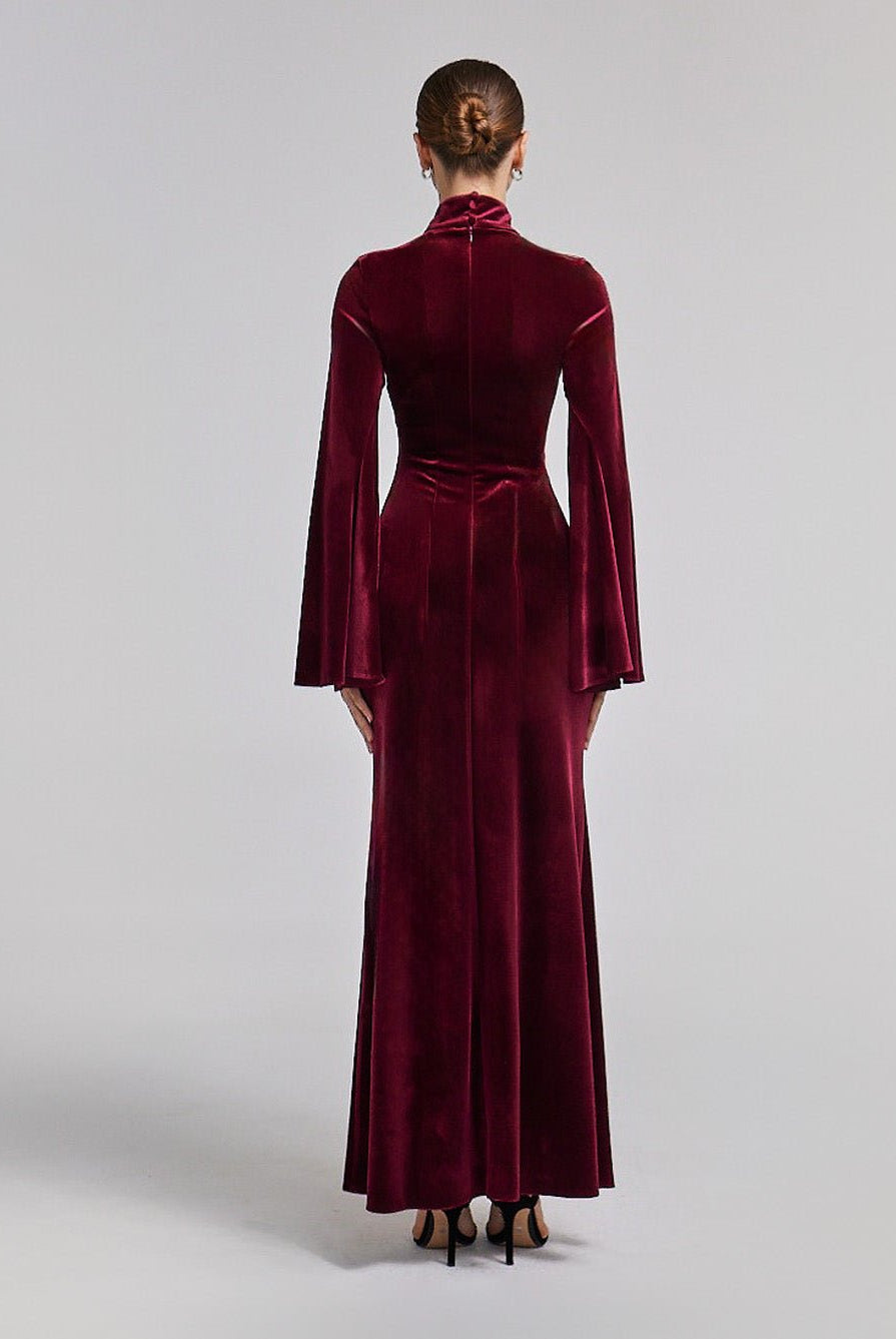 Burgundy High Neck Flared Sleeve Velvet Dress - shopaleena