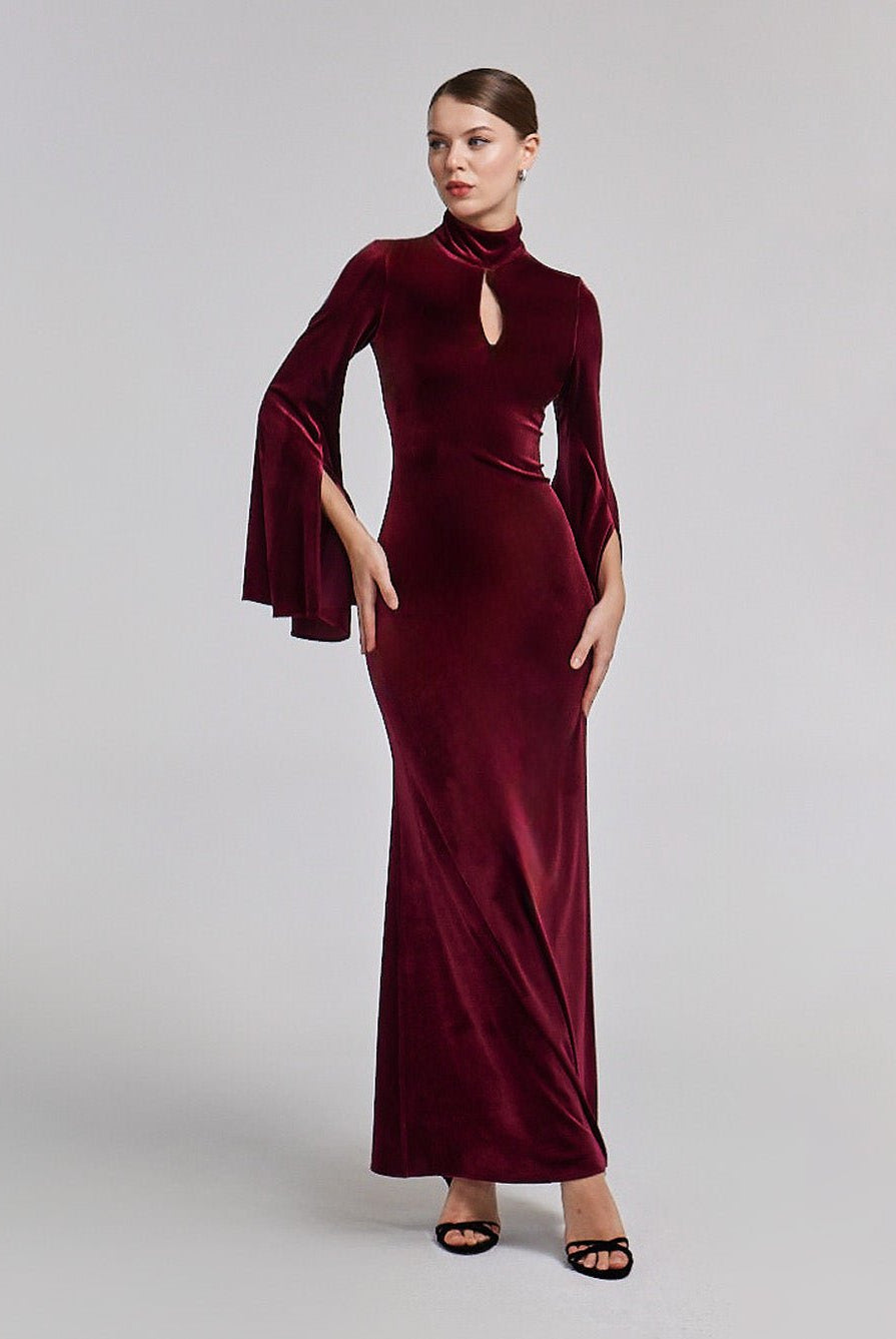 Burgundy High Neck Flared Sleeve Velvet Dress - shopaleena