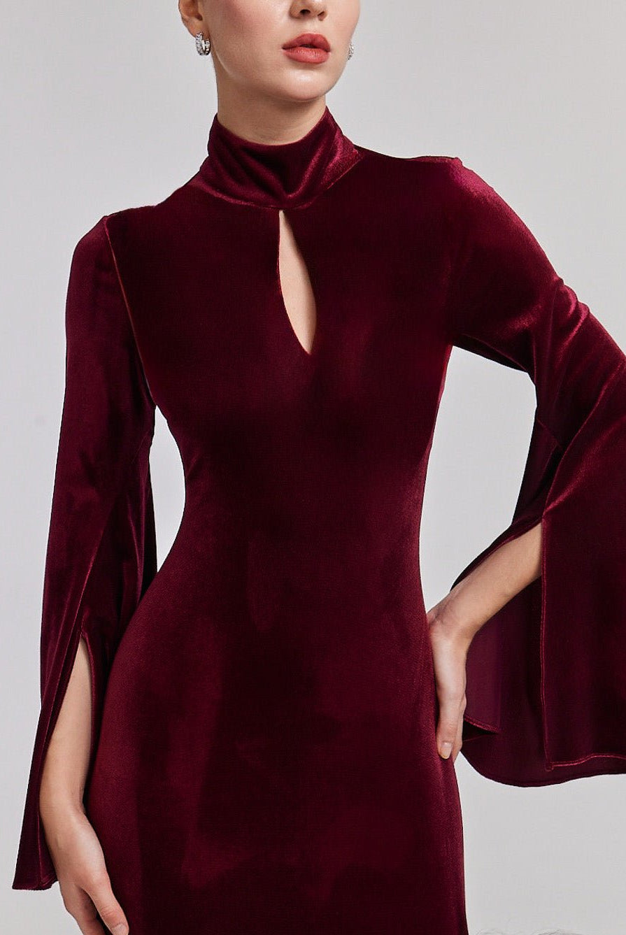 Burgundy High Neck Flared Sleeve Velvet Dress - shopaleena