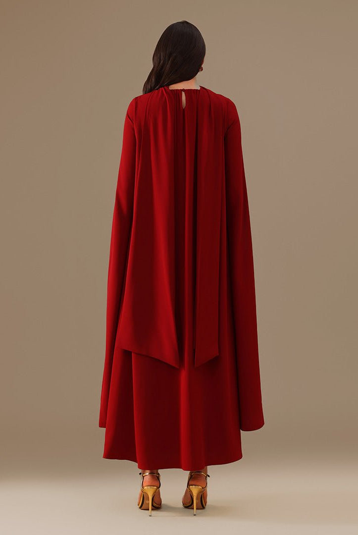 Burgundy High Neck Long Flared Sleeve Maxi Dress - shopaleena