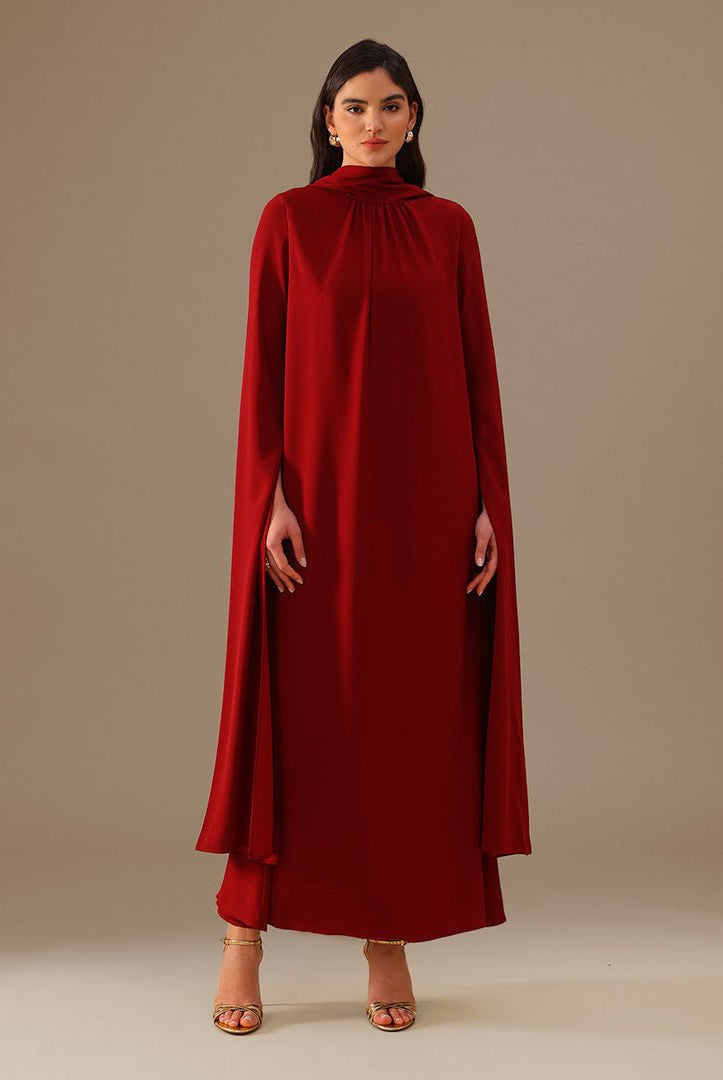 Burgundy High Neck Long Flared Sleeve Maxi Dress - shopaleena