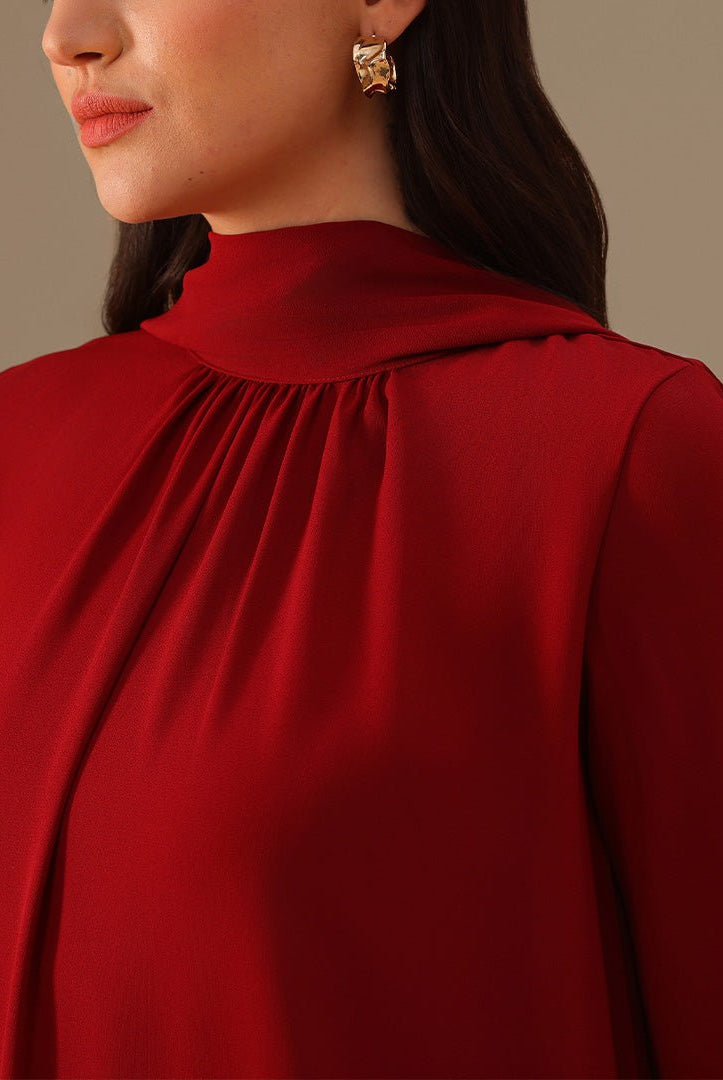 Burgundy High Neck Long Flared Sleeve Maxi Dress - shopaleena