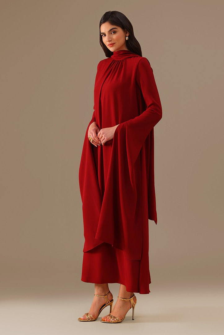 Burgundy High Neck Long Flared Sleeve Maxi Dress - shopaleena