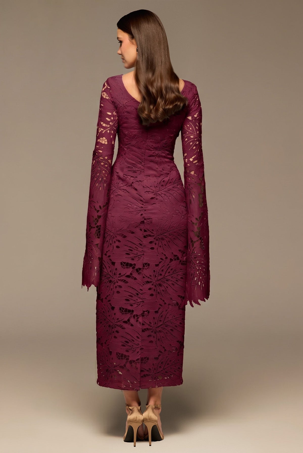 Burgundy Lace Long Sleeve Maxi Dress - shopaleena