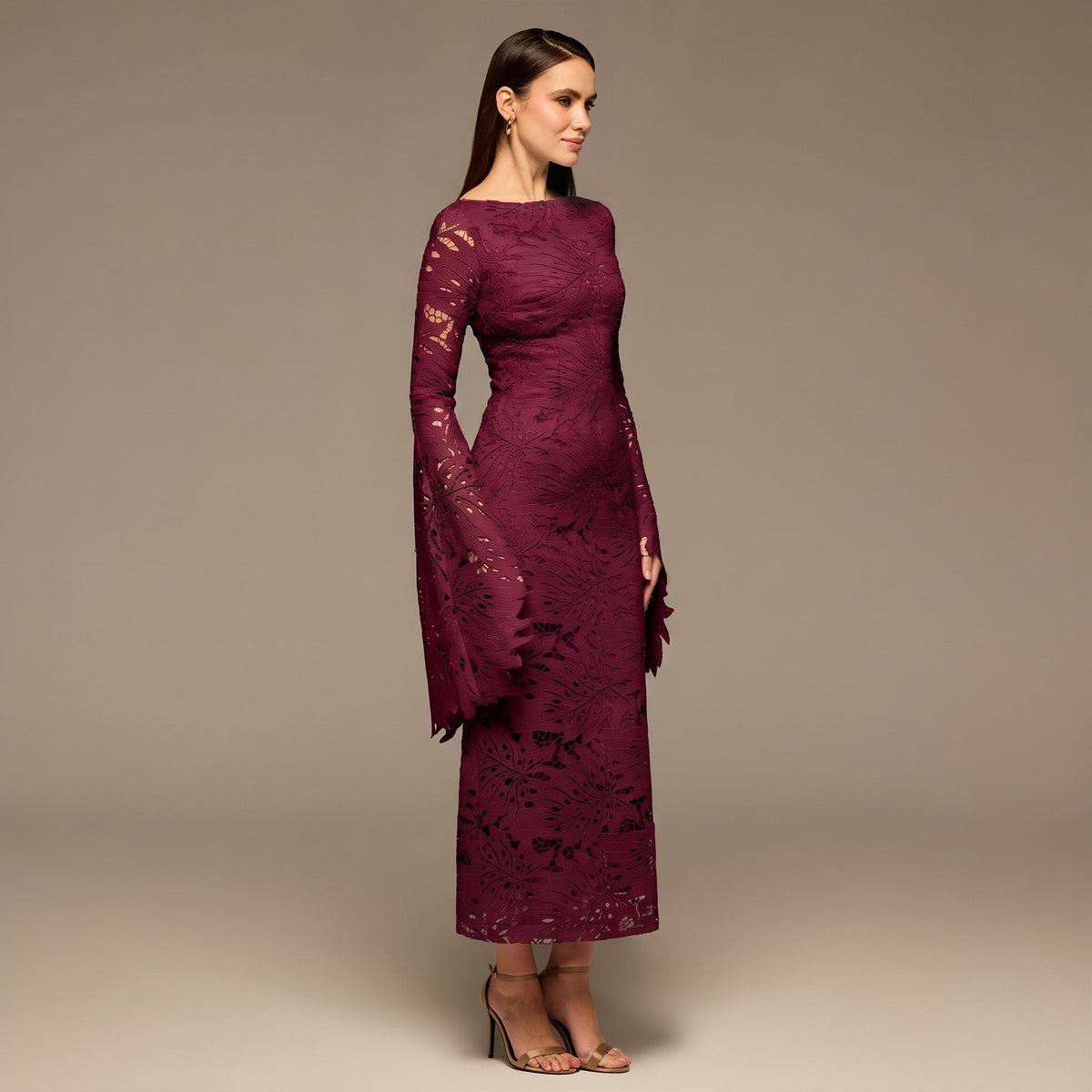 Burgundy Lace Long Sleeve Maxi Dress - shopaleena