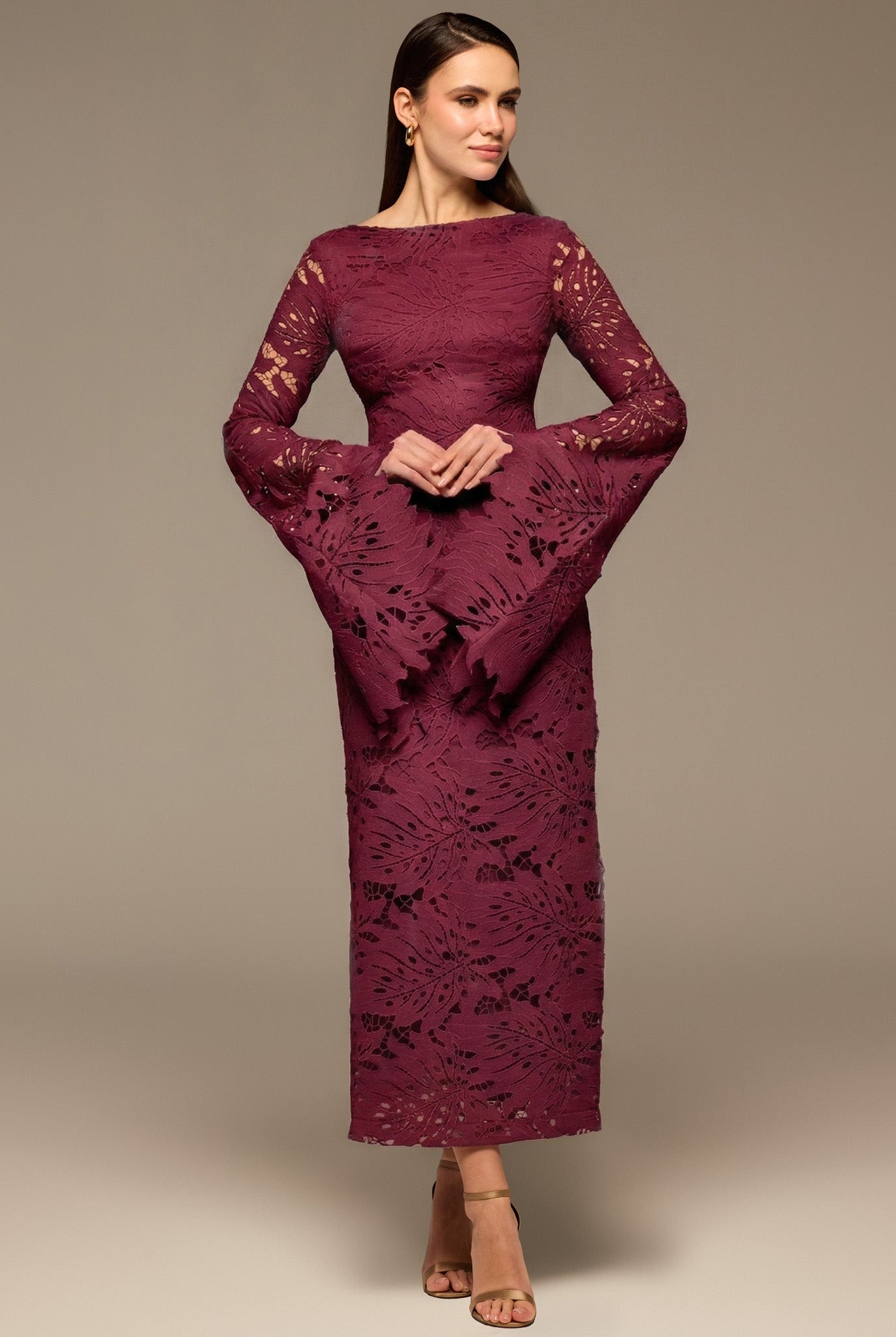 Burgundy Lace Long Sleeve Maxi Dress - shopaleena