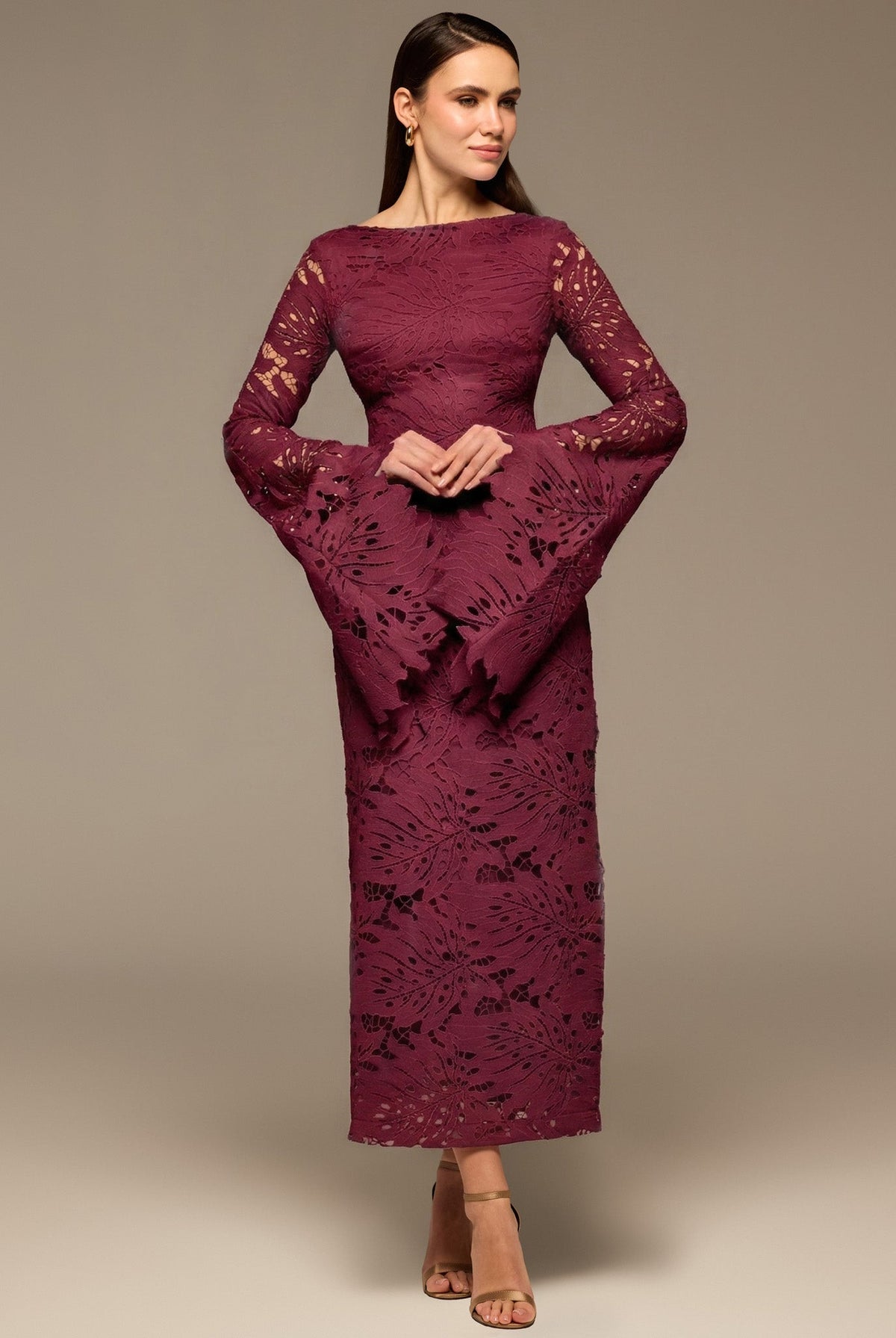 Burgundy Lace Long Sleeve Maxi Dress - shopaleena