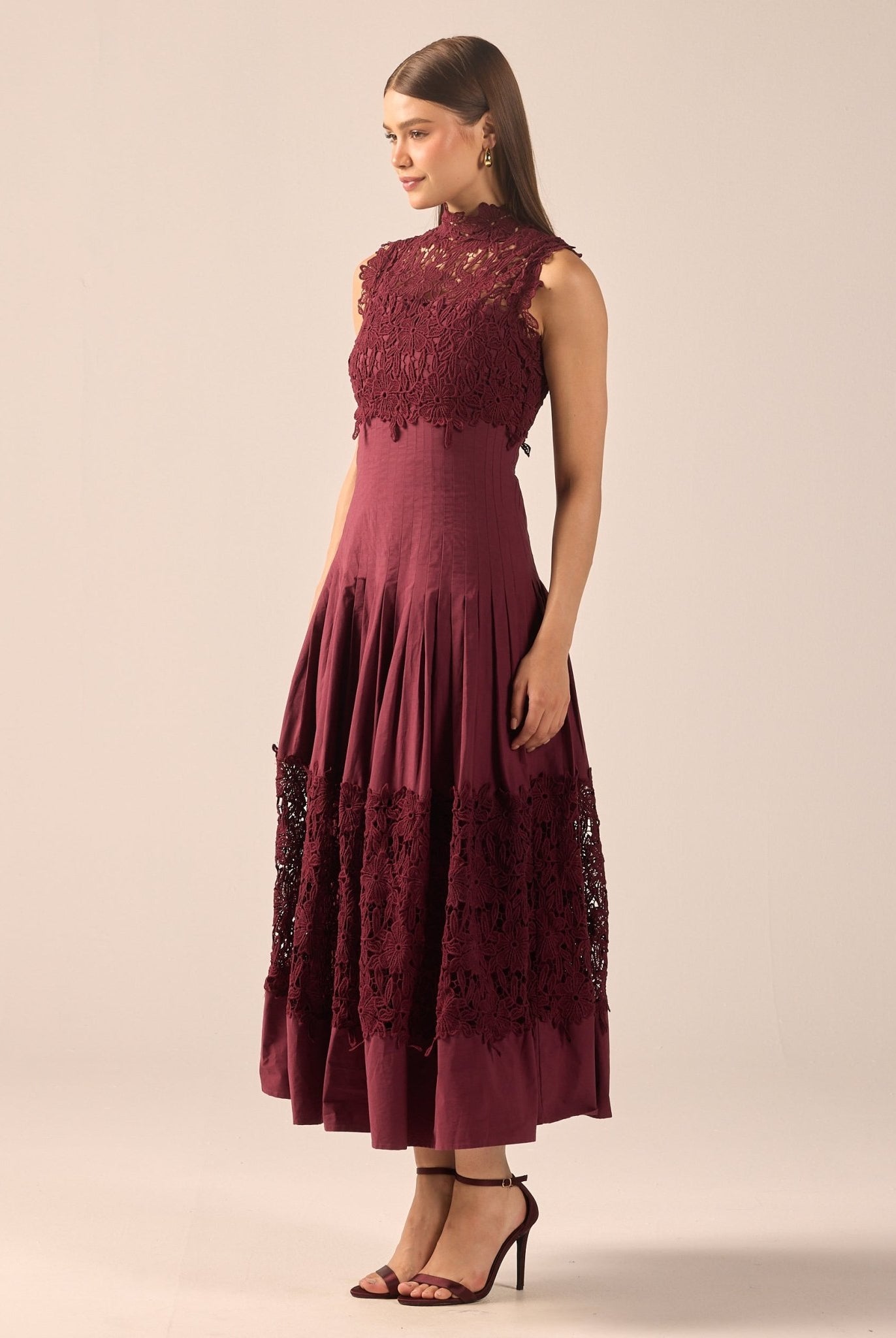 Burgundy Lace-Paneled Cotton Midi Dress - shopaleena