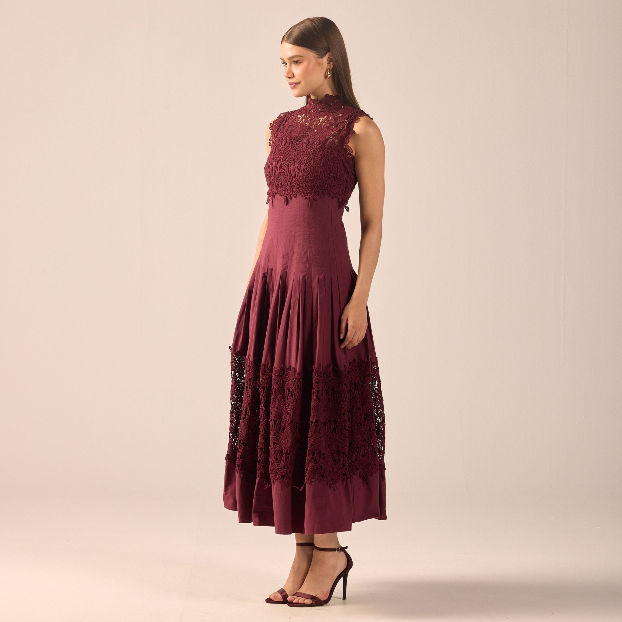 Burgundy Lace-Paneled Cotton Midi Dress - shopaleena