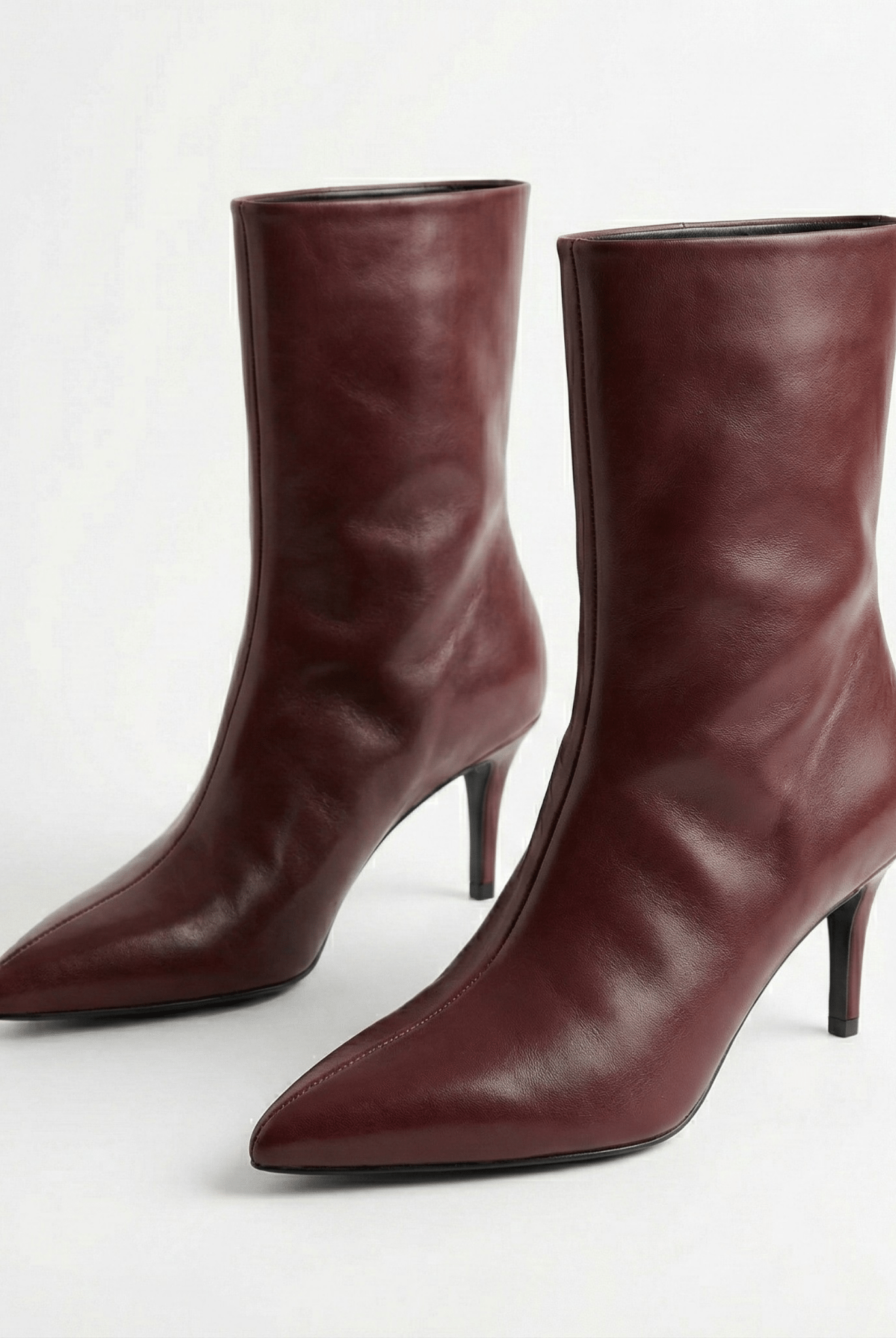 Burgundy Leather Mid - Calf High Heel Boots - shopaleena