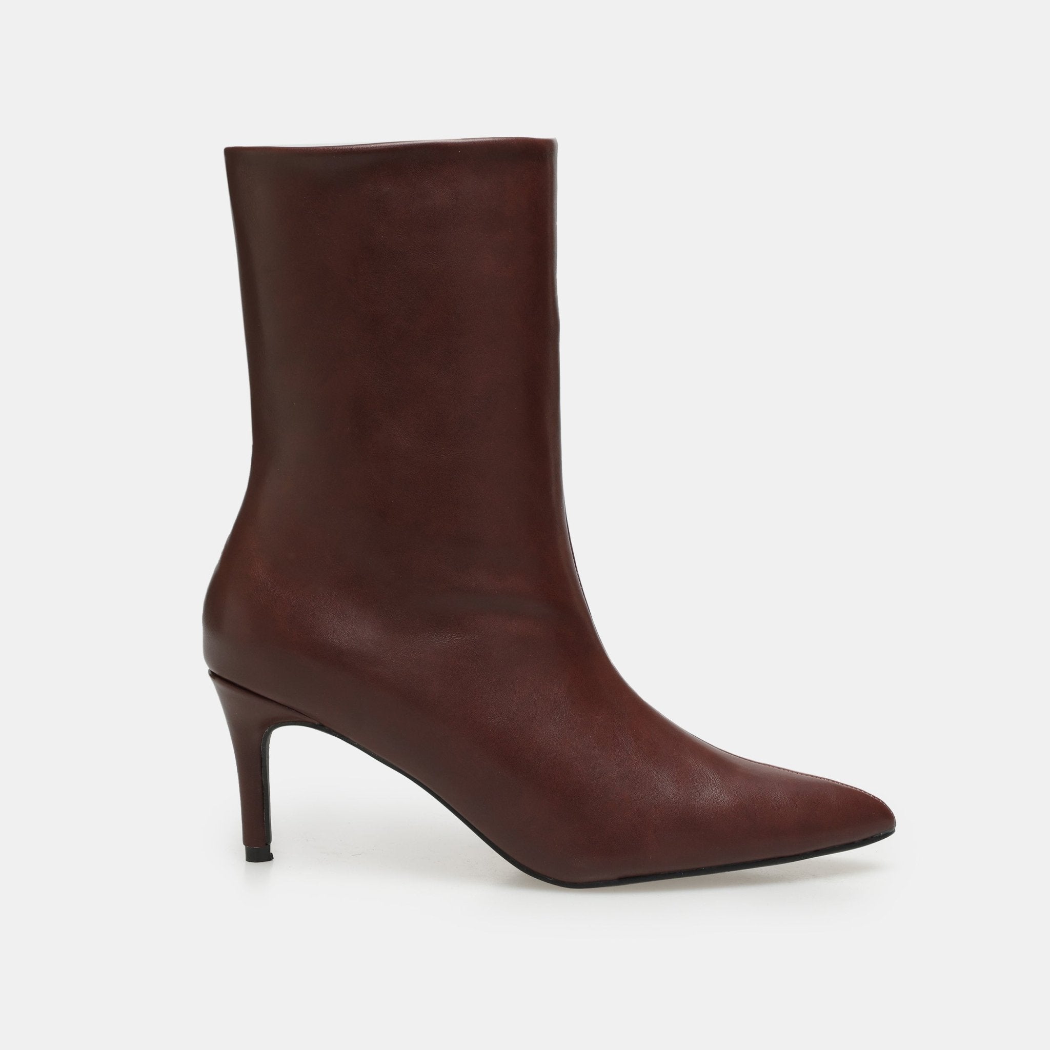 Burgundy Leather Mid - Calf High Heel Boots - shopaleena