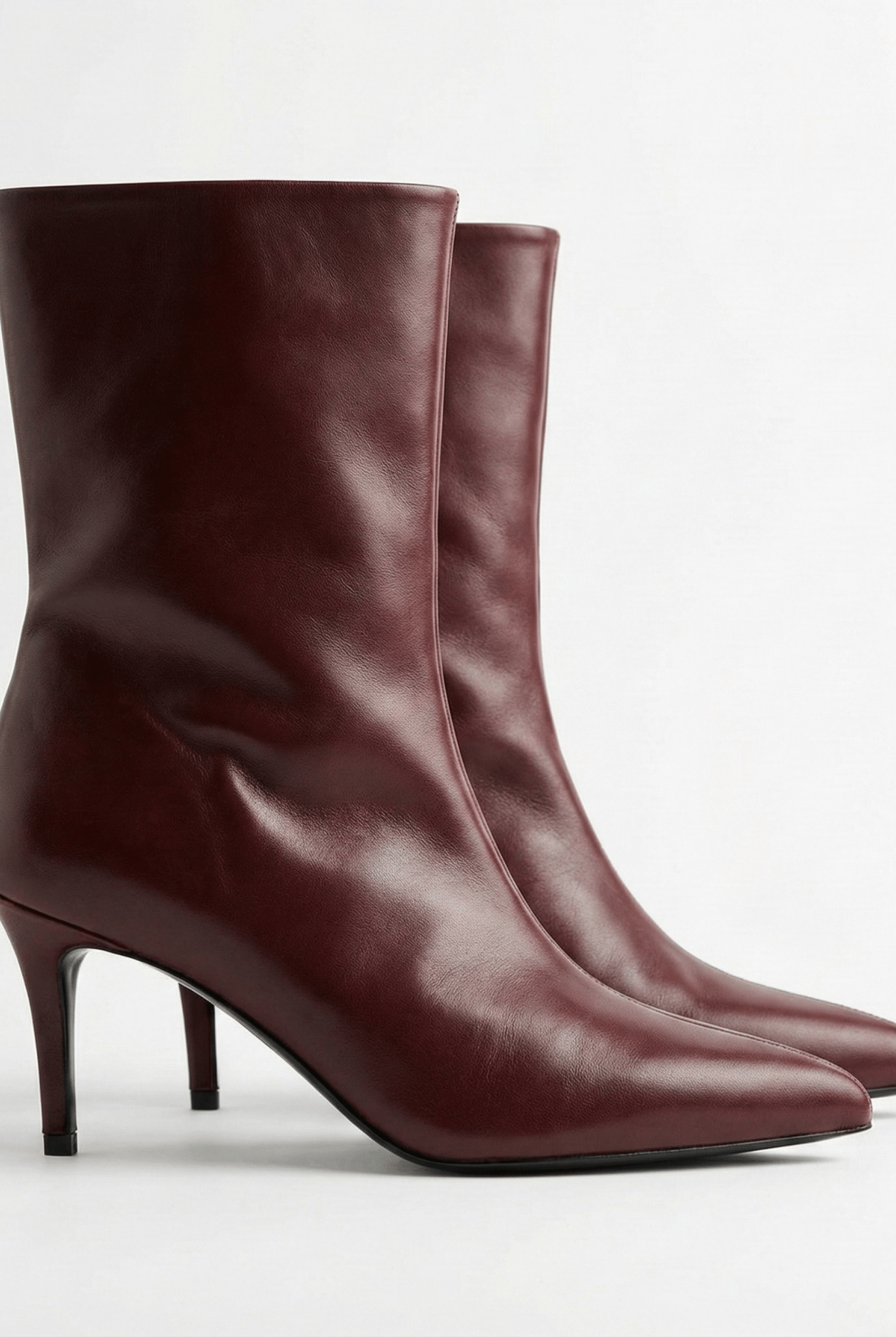 Burgundy Leather Mid - Calf High Heel Boots - shopaleena