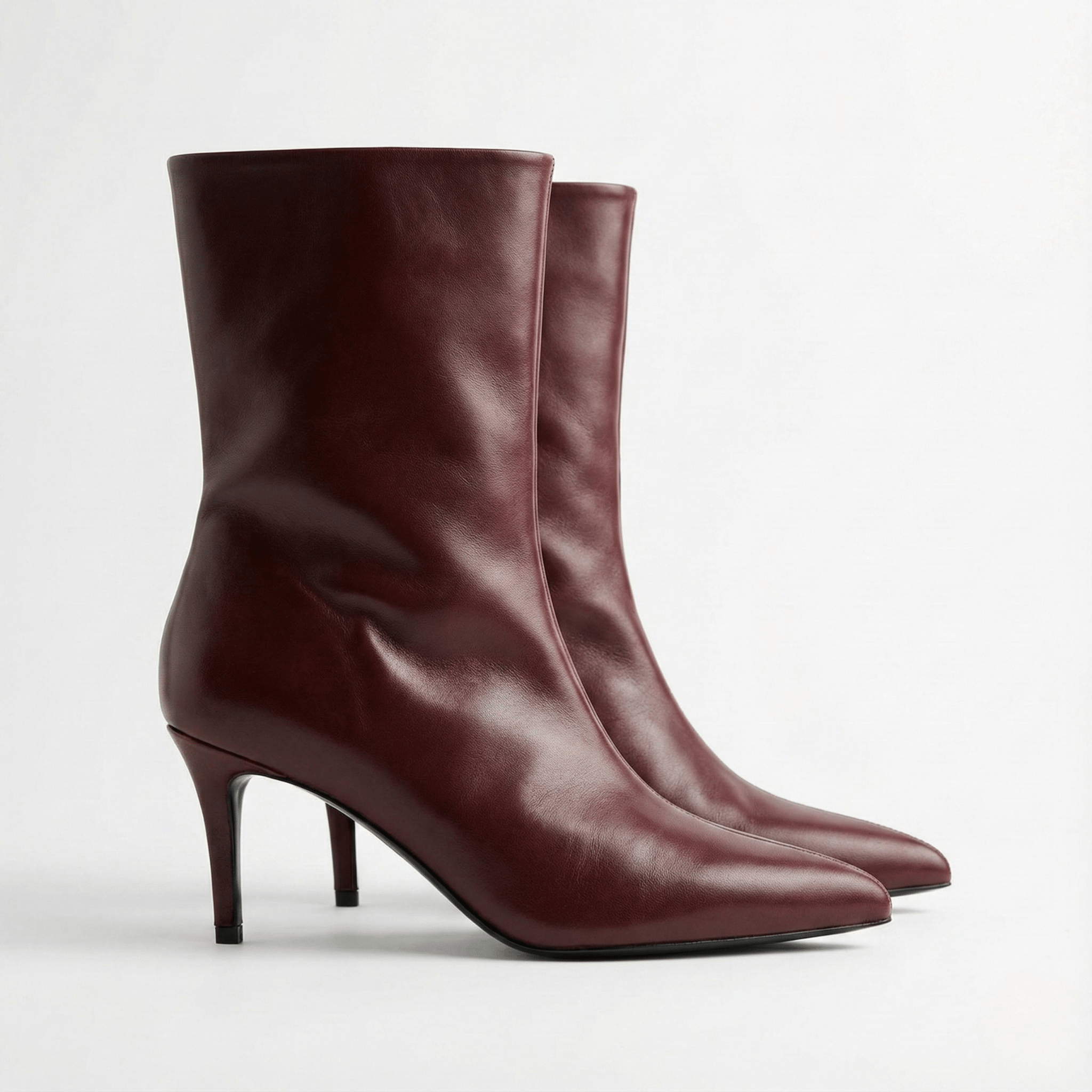Burgundy Leather Mid - Calf High Heel Boots - shopaleena