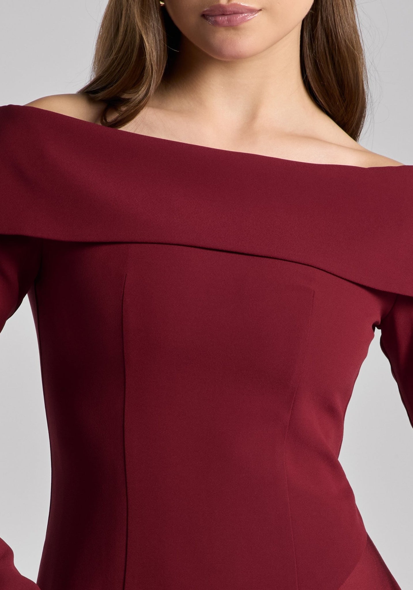 Burgundy Off - Shoulder Asymmetric Crepe Dress - shopaleena