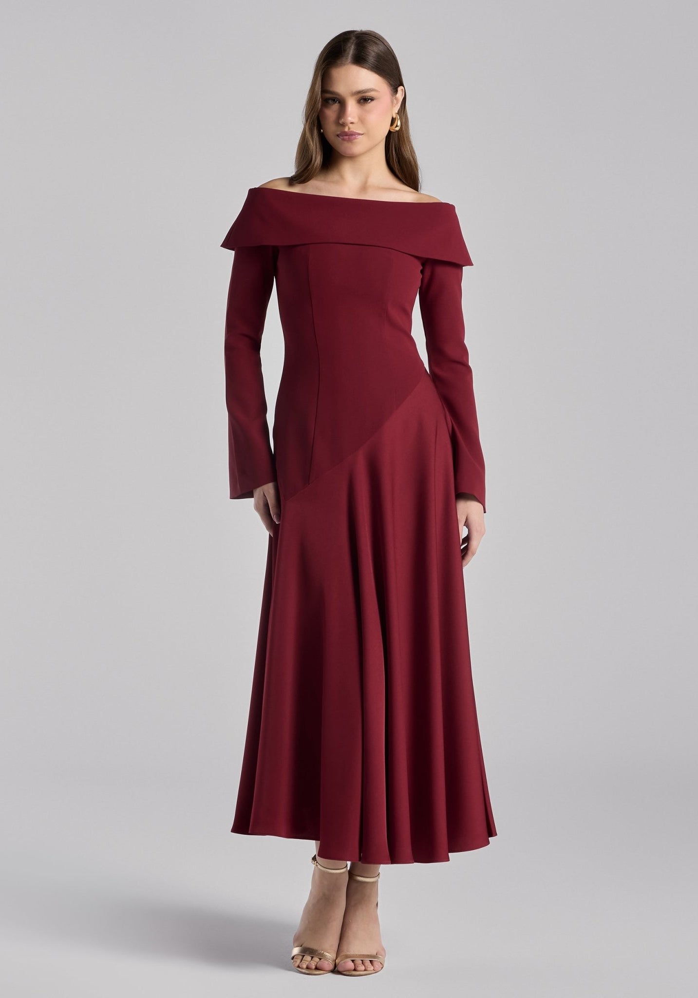 Burgundy Off - Shoulder Asymmetric Crepe Dress - shopaleena