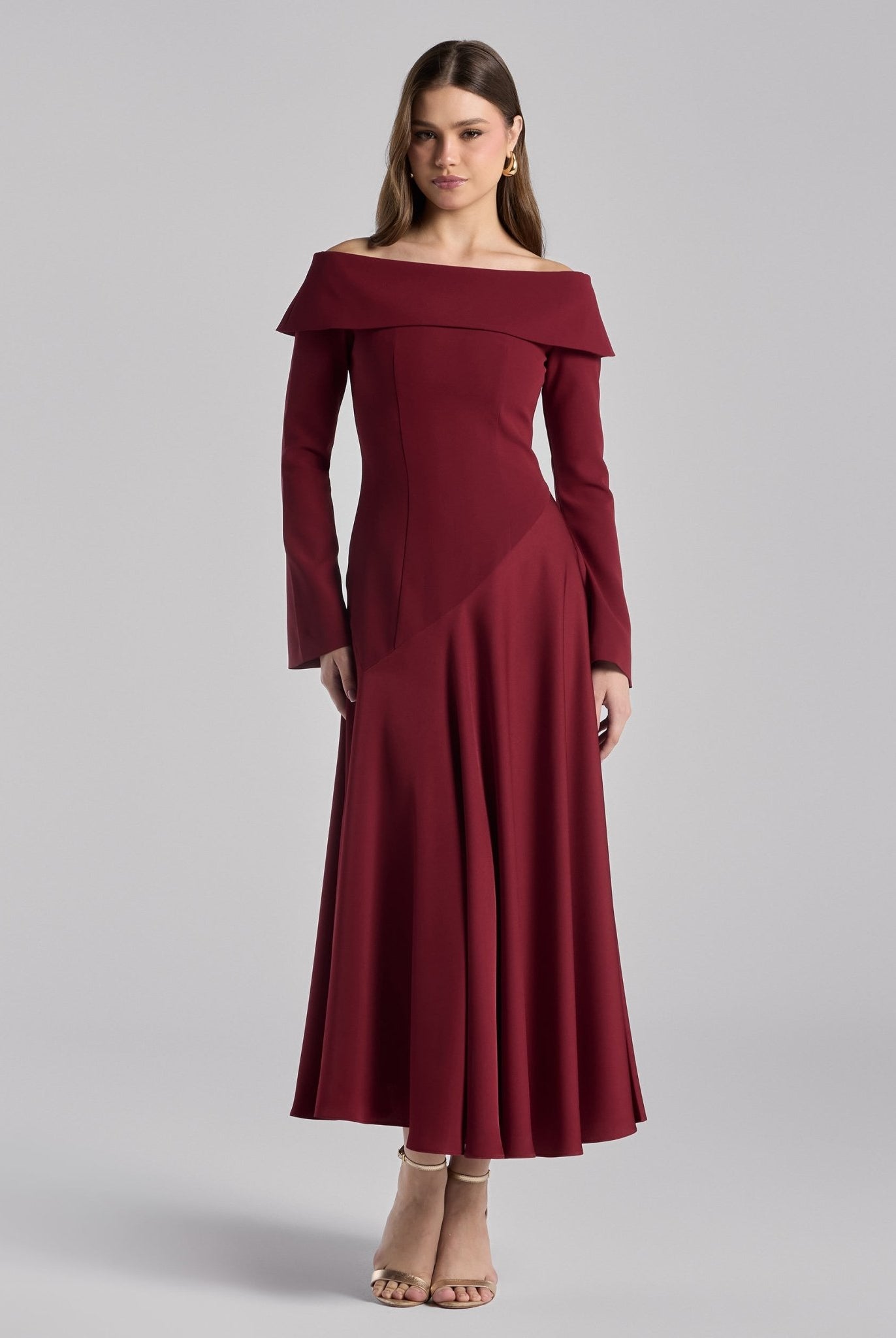 Burgundy Off - Shoulder Asymmetric Crepe Dress - shopaleena