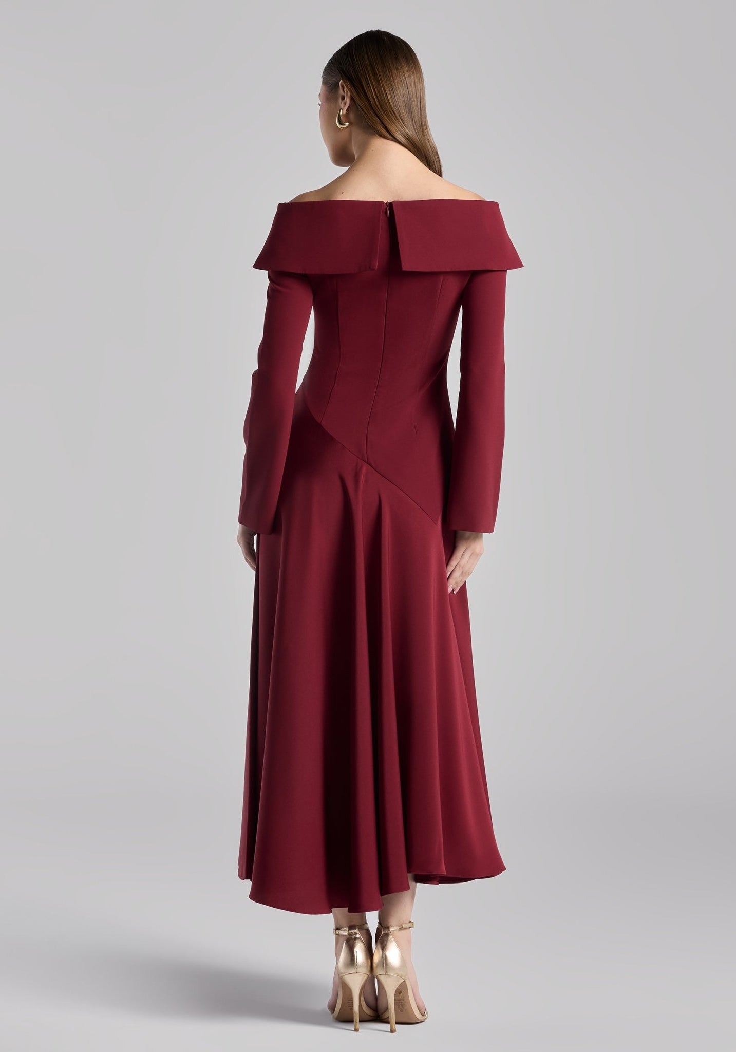 Burgundy Off - Shoulder Asymmetric Crepe Dress - shopaleena